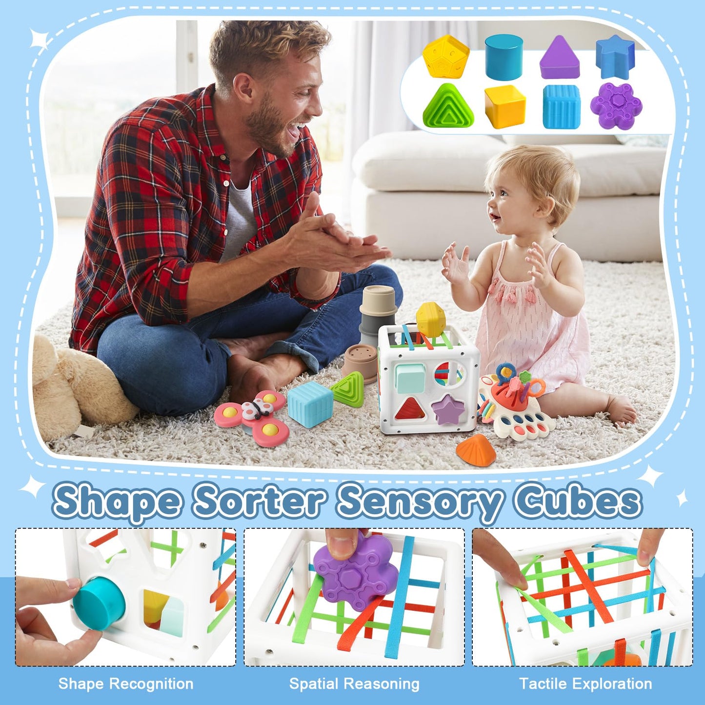 EPOGG 6 in 1 Montessori Toys for Babies 6-12 Months Up - Incl Pull String Toy, Stacking Cups, Tissue Box, Suction Cup Spinner, Stacking Blocks,Activity Cube, Baby Toys for 1 2 3 Year Old