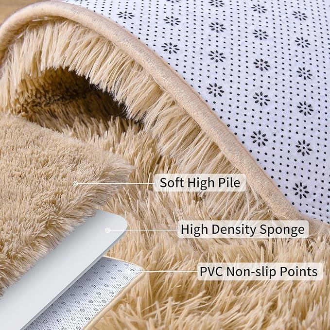 Soft Runner Rugs for Bedroom Hallways, 2 Packs 2x6 Beige Fluffy Shag Throw Area Rug Non Slip for Bedside Dorm, Long Shaggy Furry Carpet for Nursery Living Room