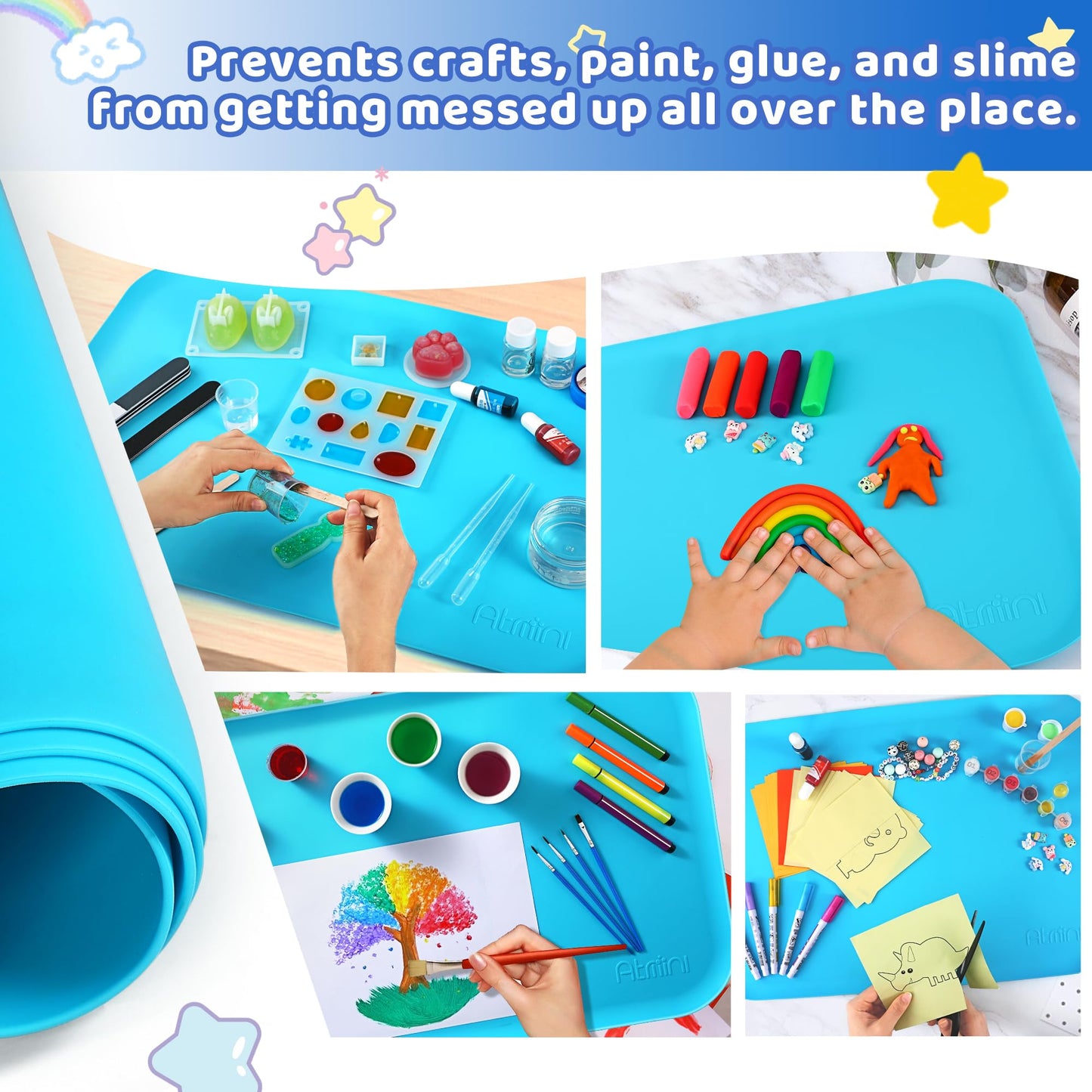AtMini Silicone Craft Mats for Kids 24"x16"– with Raised Lip & Non-Slip | Reusable Silicone Art Mat for Play Sand, Painting, DIY Crafts | Durable Design (Blue)