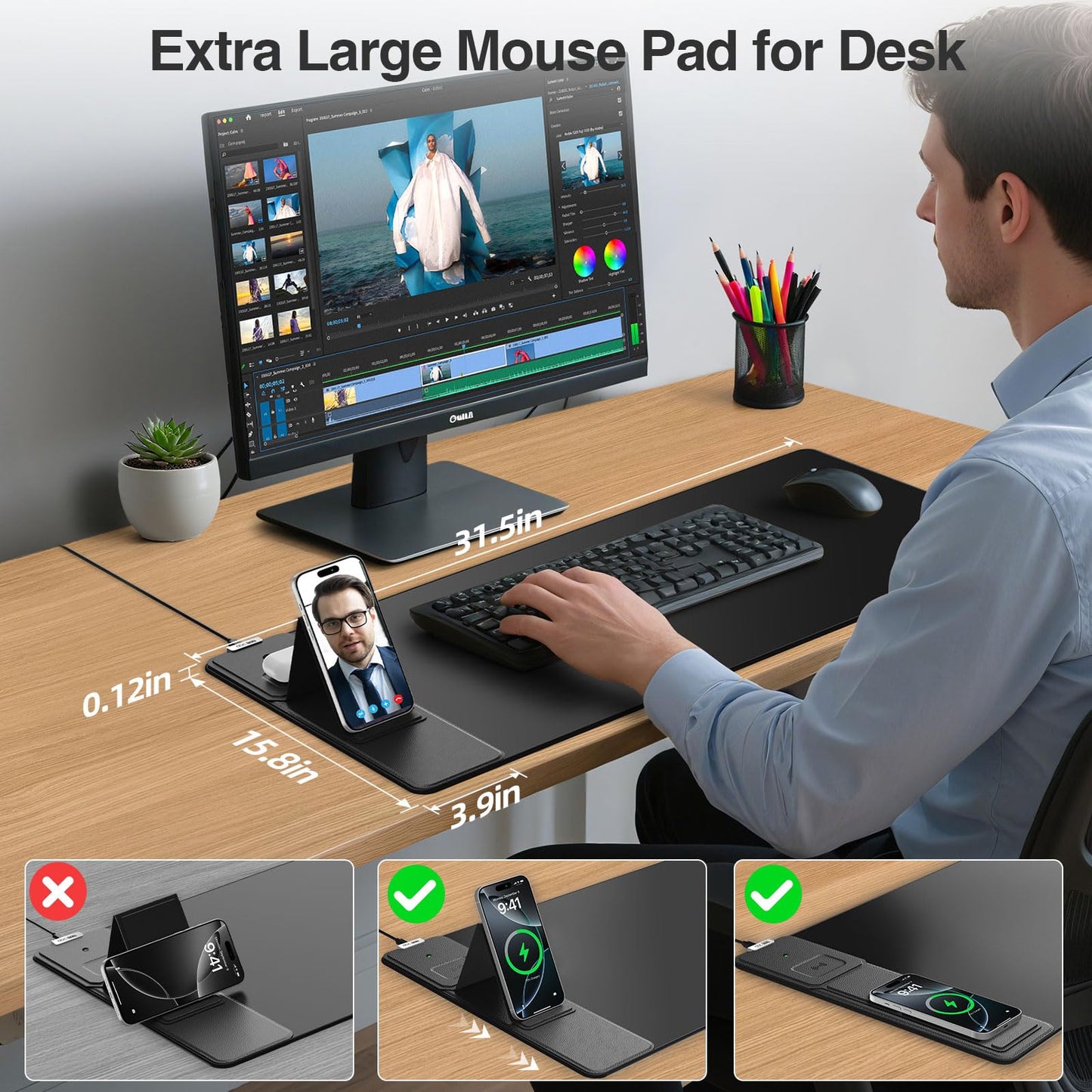 Wireless Charging Mouse Pad with Foldable Phone Holder, 31.5"x15.8" Extended Desk Mat for Laptop/Keyboard, Waterproof Ultra-Smooth Surface, Non-Slip Base & 20W PD Adapter, Black