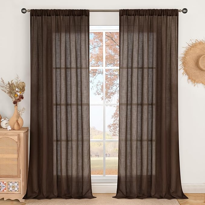 BGment 96 Inches Long Linen Curtains for Living Room, Brown Semi Sheer Window Drapes Rustic Textured for Farmhouse Beroom Dining Room Decor Rod Pocket Lightweight, 2 Panels Set, Each 52 Inch Wide