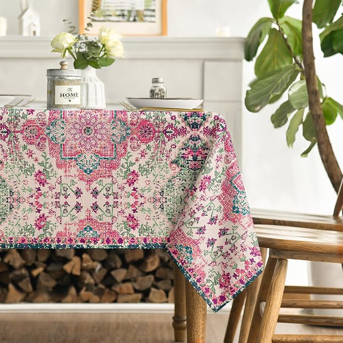 Horaldaily Boho Bohemia Style Tablecloth 60×140 Inch Rectangular, Pink Vintage Country Rustic Farmhouse Magical Fall Orange Washable Seasonal Table Cover for Party Picnic Dinner Decor