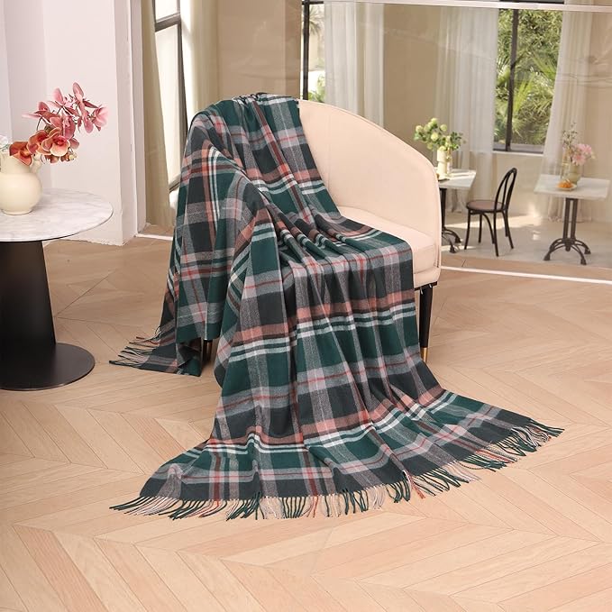 Throw Blanket Plaid with Carry Bag | Soft Wool Travel Blanket 55"x83" 1.5lbs | Classic Green Plaid Decorative Throw for Couch, Camping & Gift