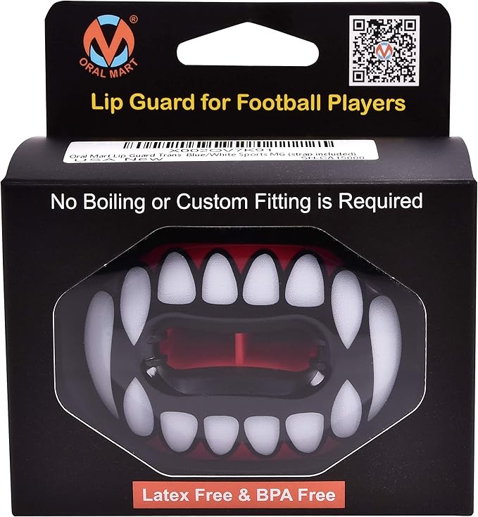 Oral Mart Flag Football Mouth Guard with 3D LipFit Design for Kids - Youth Tackle Football Mouthguard (No Boil) Cool Instant Fit Lip Guard Mouthpiece for Braces (Detachable Helmet Strap Included)