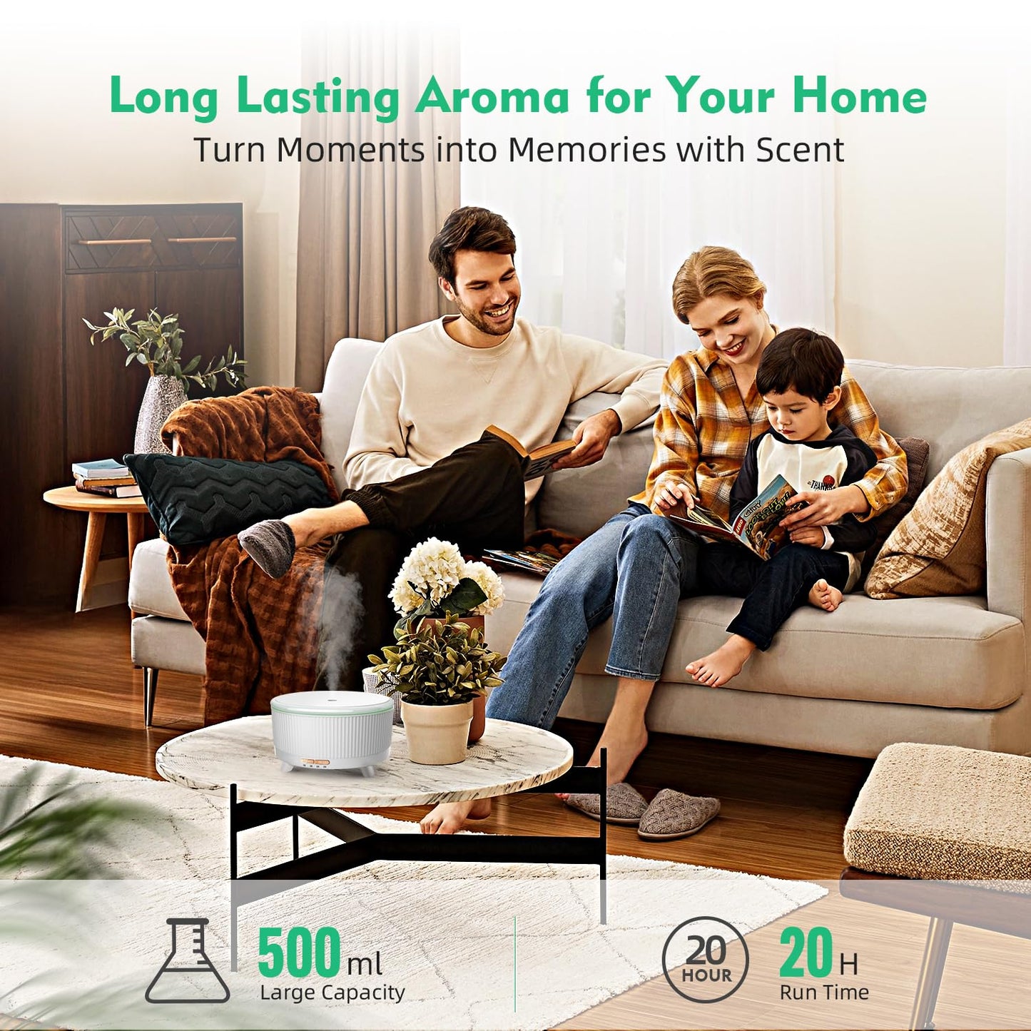 20-Hour Long-Lasting Aromatherapy, 500ML Large Essential Oil Diffuser: Ultrasonic Cool Mist Humidifier with Remote Control, 7 Color Lights, Timer, Auto-Off for Home/Bedroom/Yoga (Minimalist White)