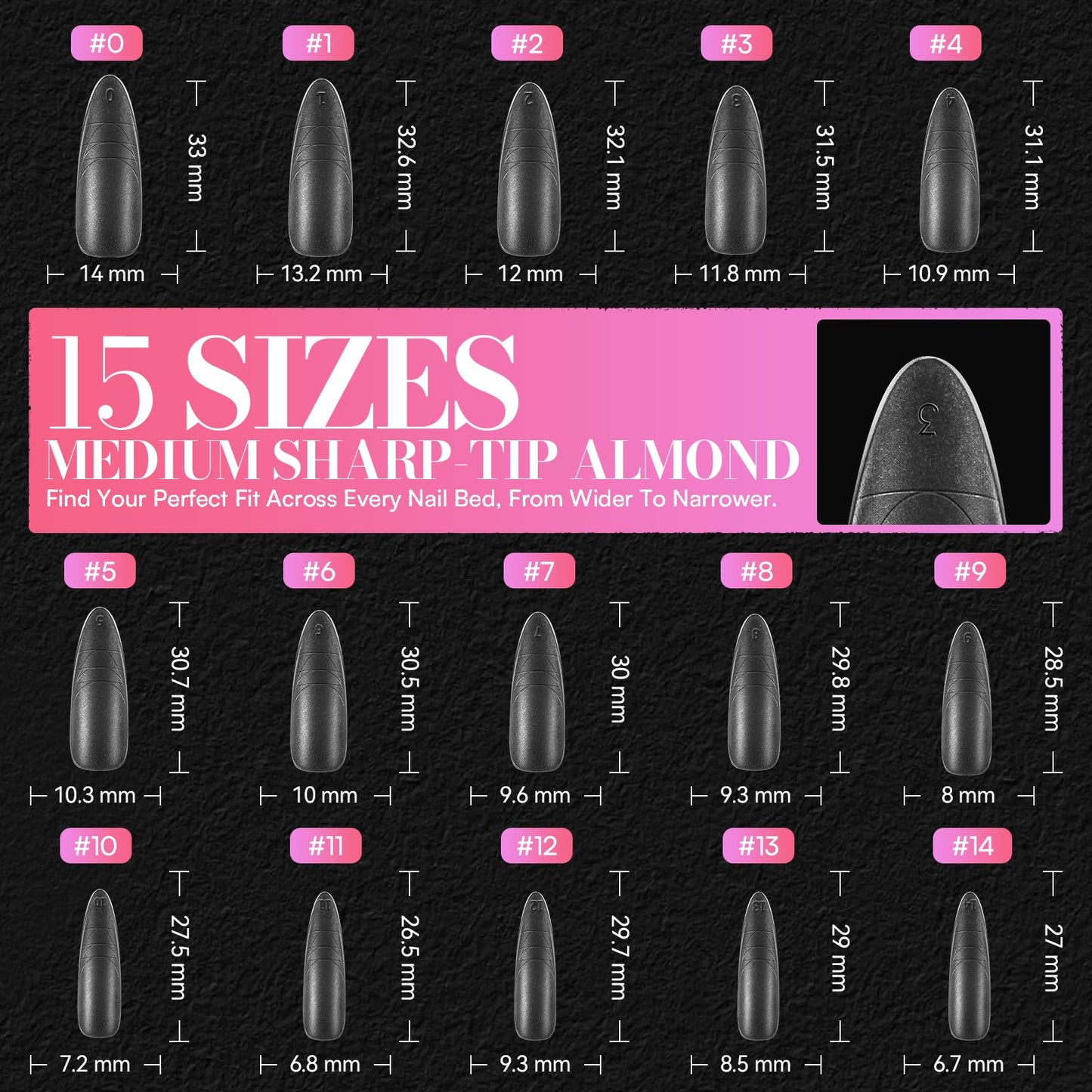 Makartt Long Almond & XL Tapered Square Nail Tips with Built-In Shaping Guides: 2 Shapes in 1 Box-15 Sizes, Pre-Etched Matte Inside False Nails for Nail Extension DIY, Salon Manicure Supplies 420pcs