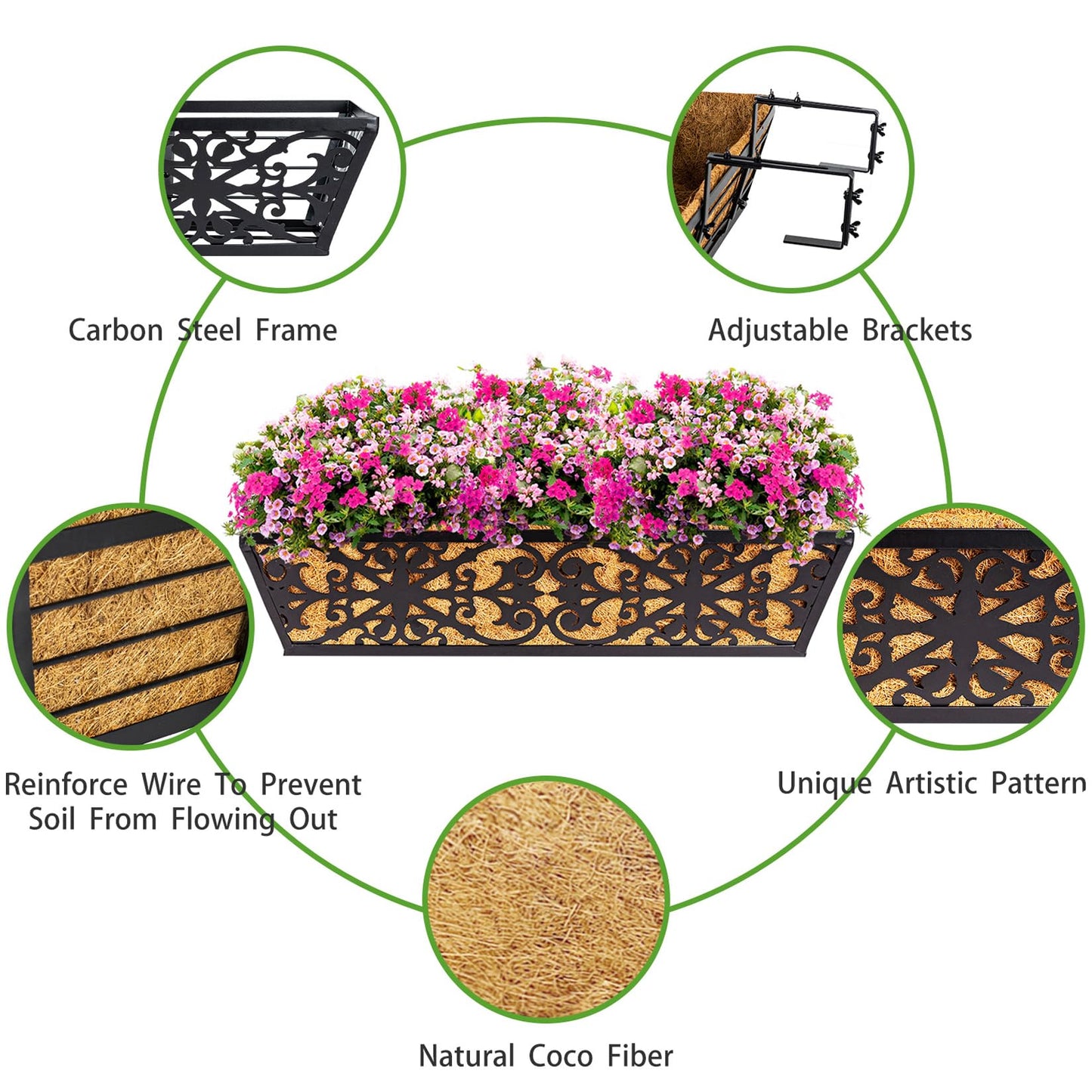 Karlliu 2 Pack 24 Inch Window Boxes Planters Railing Planter Box with Adjustable Brackets & Coco Liners Fabric Plant Grow Bags Deck Railing Planter Boxes Balcony Hanging Flower Box for Outdoor Plants