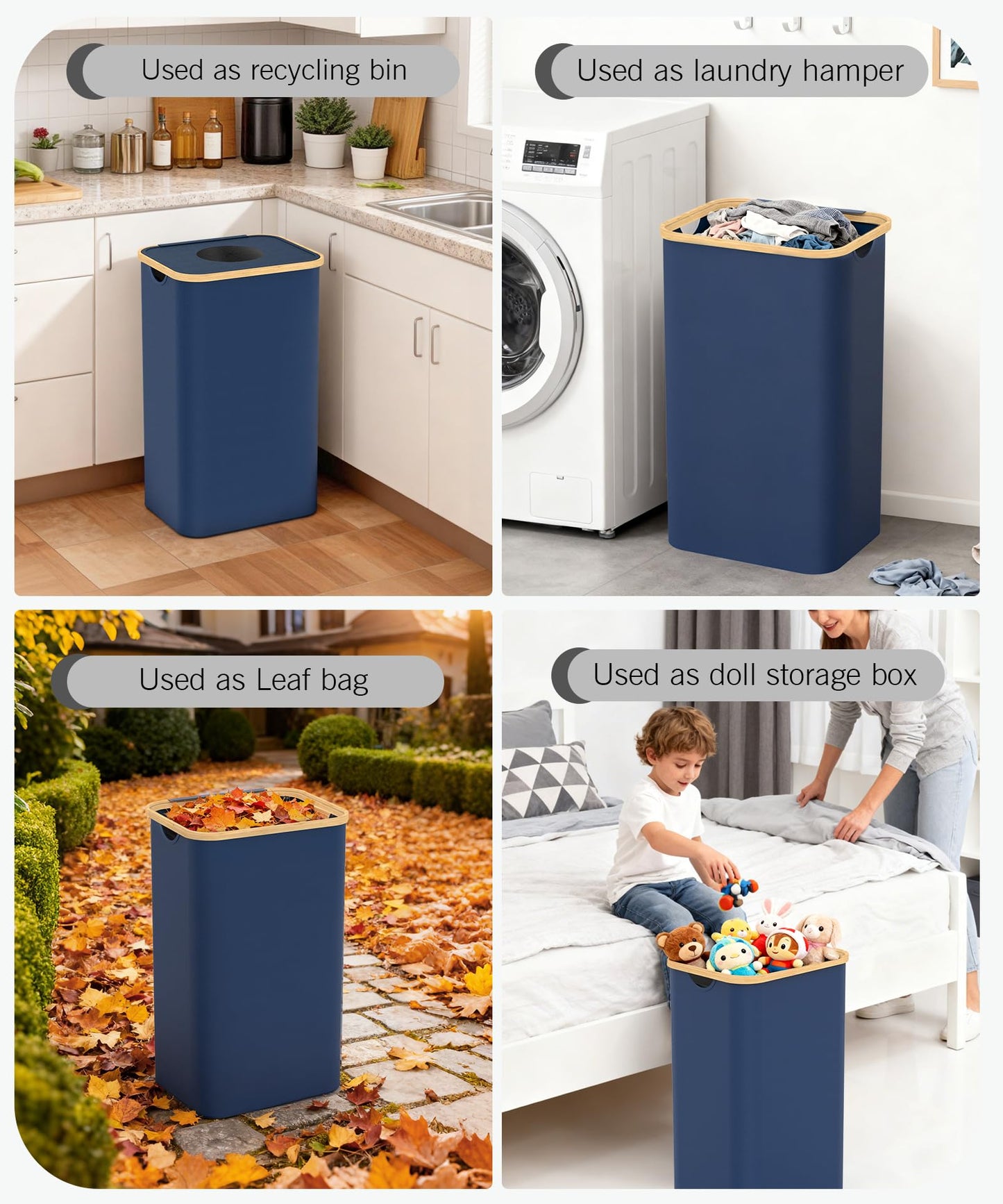 Recycling Bins for Kitchen, 26 Gallon (100L) Recycle Bin with lid, Indoor Oxford Fabric Recycling Trash Can with 2 Pack Removeable and Reusable Inner Bags for Bottle Can Glass Plastic Sticker, Blue