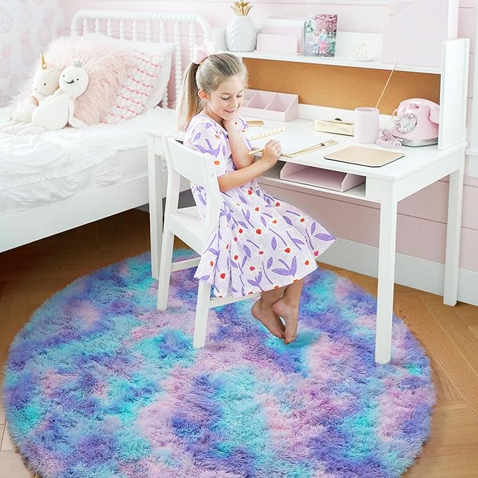 Amdrebio Purple Rainbow Small Round Rug 3Ft for Bedroom Girls Room Decor, Mermaid Stitch Frozen Kids Rugs for Playroom Nursery Dorm, Fluffy Furry Cute Shag Carpet, Kawaii Circle Area Rugs for Baby