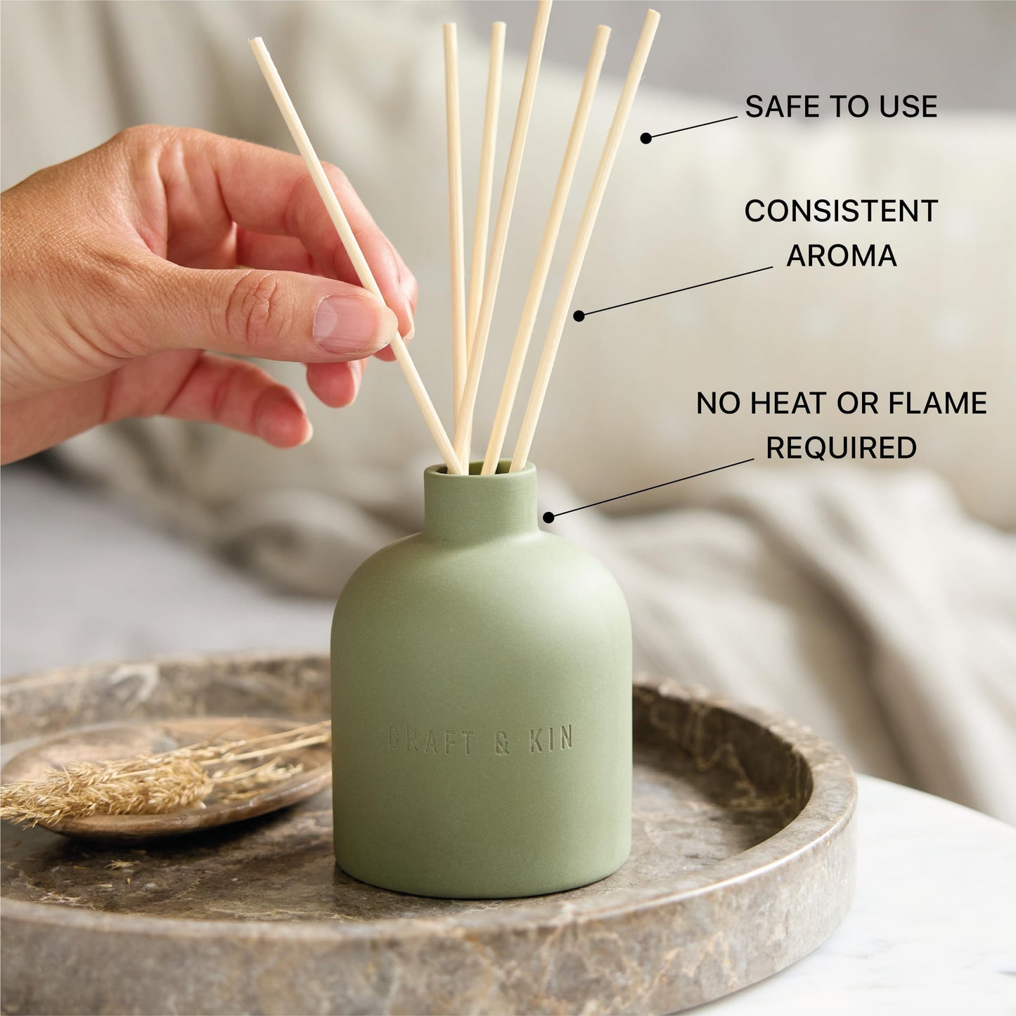 Craft & Kin Reed Diffuser for Home & Bathroom – White Birch & Cedar Holiday Reed Diffuser Set with Fragrance Sticks, Long-Lasting Alcohol-Free Winter Scent, Earthenware Collection, 6.7oz