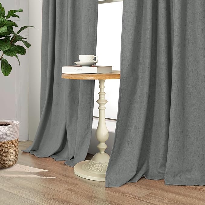 Grey Blackout Curtains for Bedroom 84 Inch Length 2 Panel Linen Textured Thermal Insulated Winter Blocking Darkening Window Drape Black Out Long Curtain for Living Room Sliding Door Back Tab Dark Gray