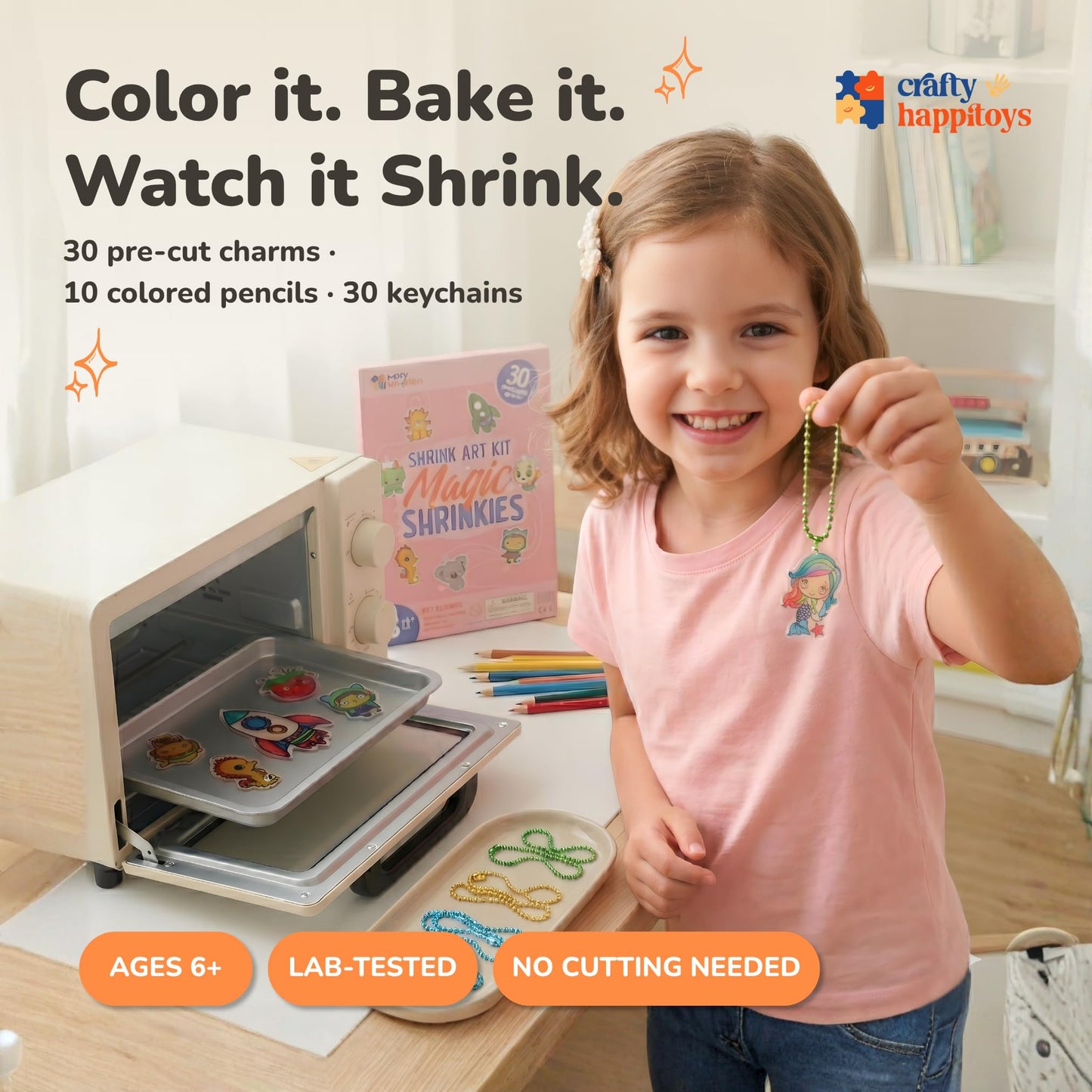 CRAFTY HAPPITOYS Shrink Art Sheets - Craft Kit for Kids - Art and Craft for Kids - Shrink Plastic Sheets with 30 Pre Cut Charms - DIY Jewelry Making - Keychain Activity - Shrinky Kit 70pc