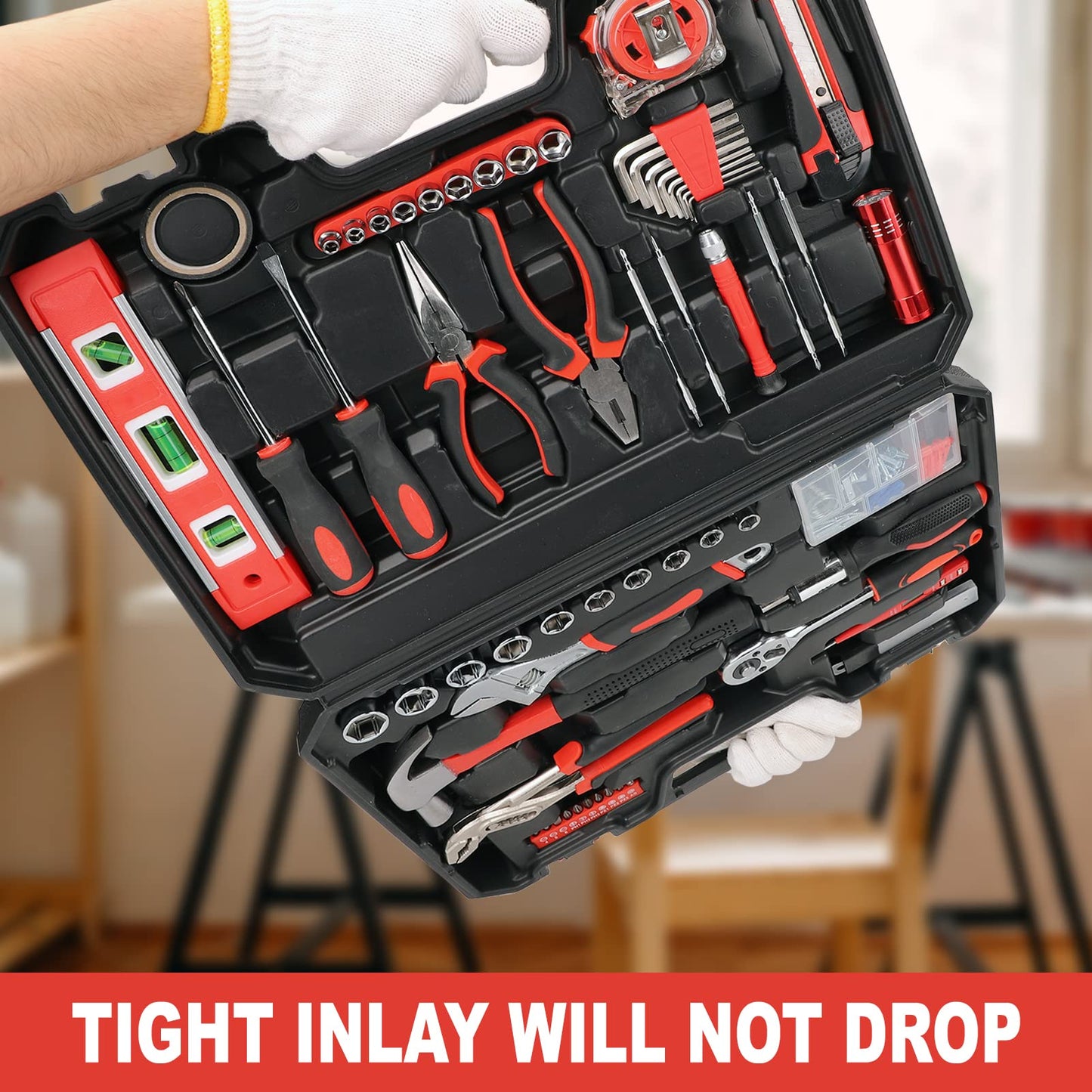 Yougfin 120 Piece Basic Tool Set General Household Hand Kit with Plastic Toolbox Storage Case Red & Black for Men &Women