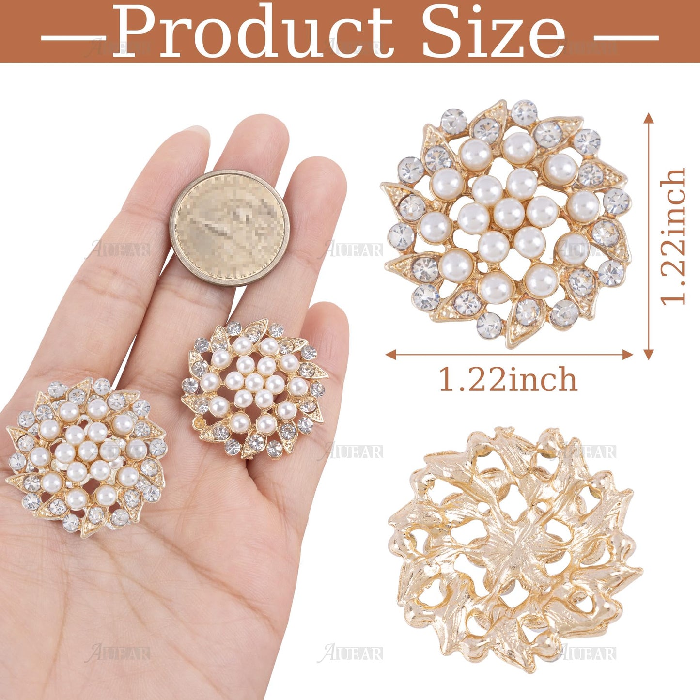 AUEAR, 15 Pack Gold Rhinestone Pearl Flower Buttons Flatback Crystal Embellishments for Jewelry Making Clothing DIY Craft
