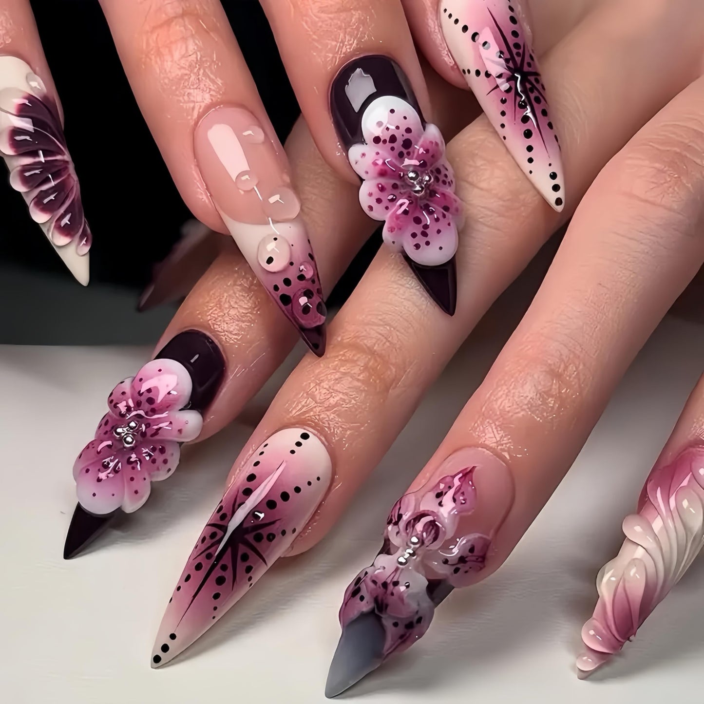 Long Press on Nails Almond Fake Nails Purple French Artificial Nail with 3D Flowers Designs Glitter Summer and Fall Cute Stick on Nail for Women 24pcs