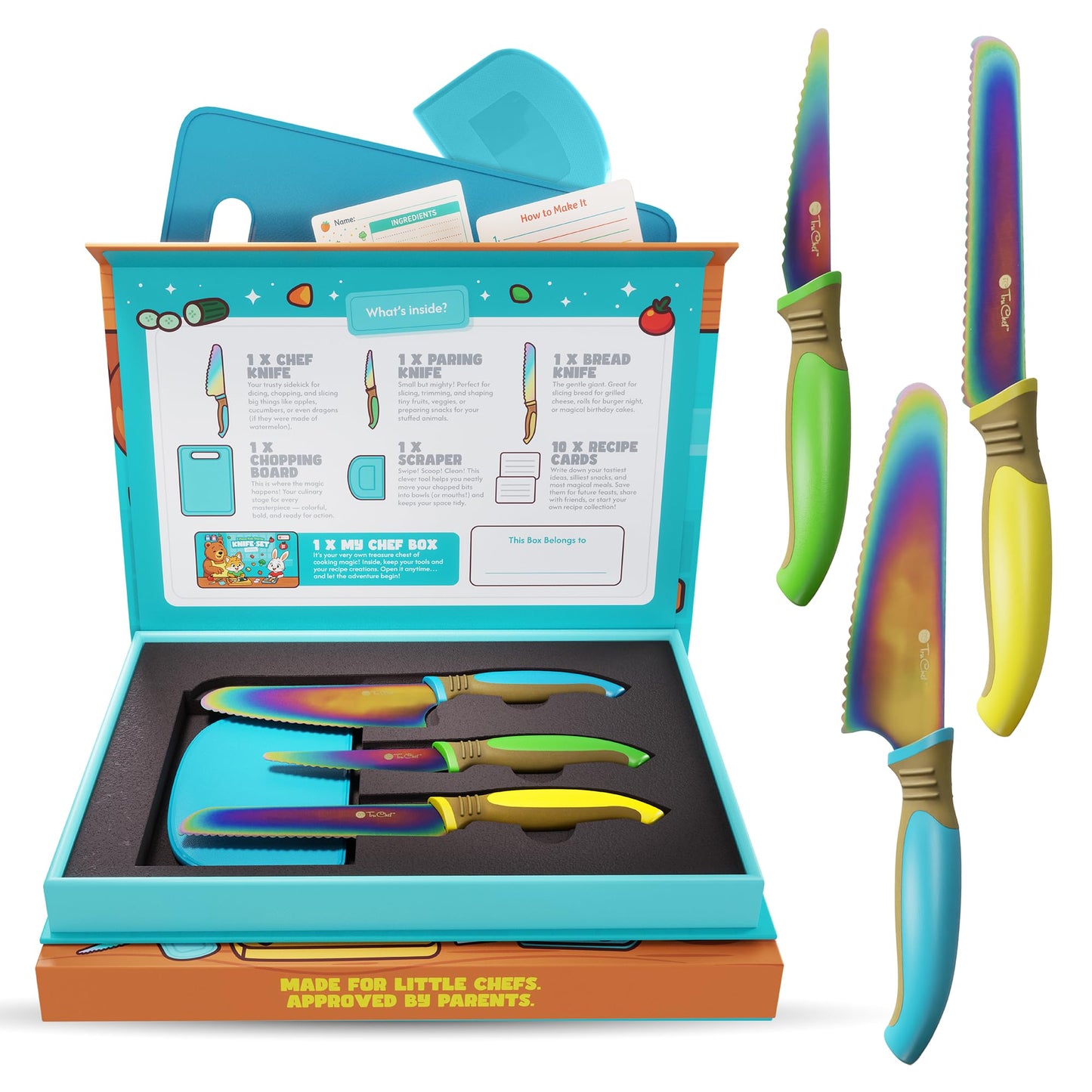 TruChef Kids Knife Set for Real Cooking | Skin Safe Chef Set for Ages 3+ with Rainbow Blades, Cutting Board, Scraper, Recipe Cards | Jr Chef Cooking Gift for Teens & Kids (16 Pcs)