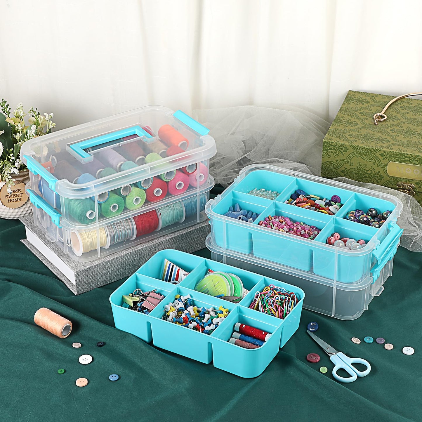 JUXYES 4-Tiers Stack Carry Storage Box With 2 Divided Tray, Transparent Stackable Storage Bin With Handle Lid Latching Storage Container for School & Office Supplies, Blue