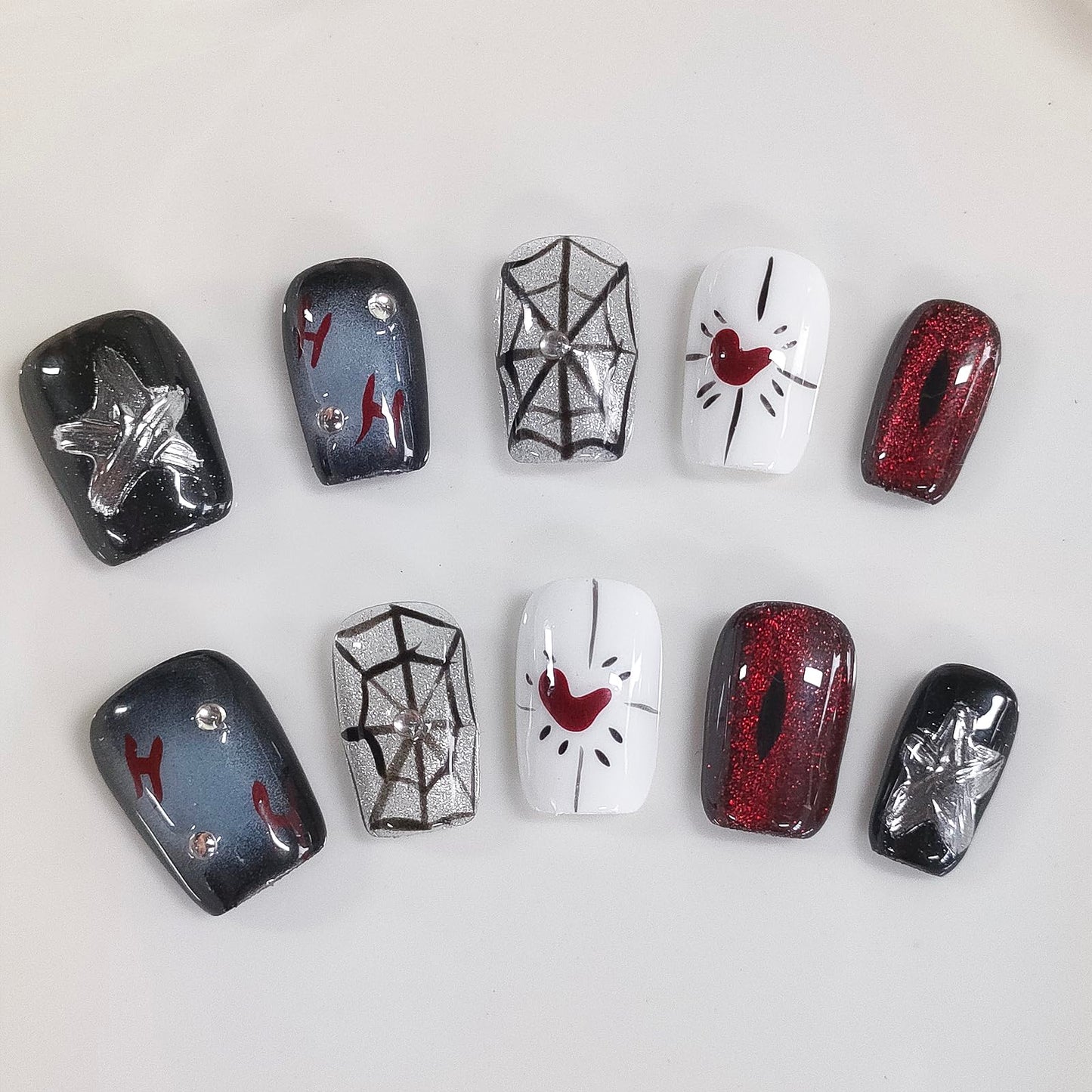 Halloween Press on Nails Short Square Handmade Acrylic Nails 3D Thick Fake Nails with Rhinestones Spider Web Stars Designs Sparkly Black&Red Sturdy Art False Press on Nail 10Pcs(S)