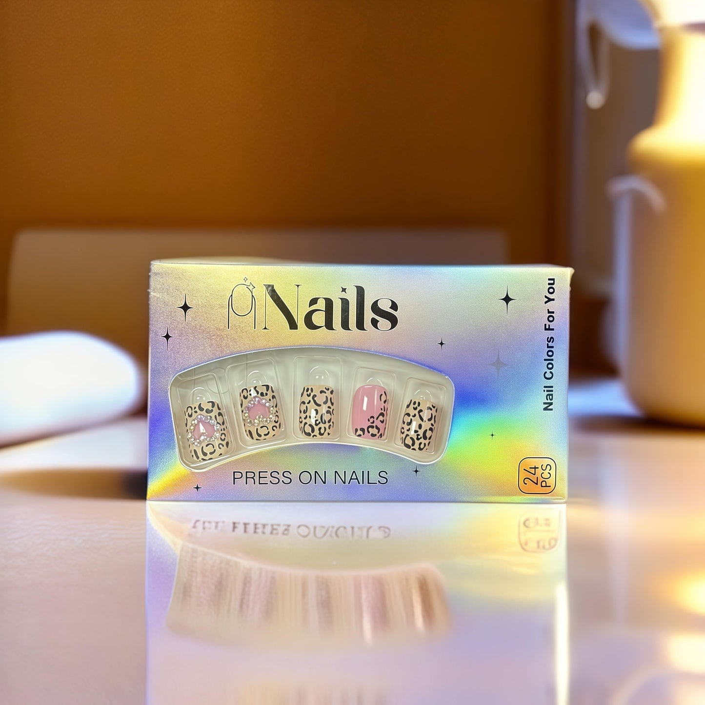 Leopard Print Press on Nails Short Square Fake Nails Heart Rhinestone Design Glossy Stick on Nails Reusable Acrylic Nails Artificial Nails False Nails Full Cover Glue on Nails for Women Girls 24 Pcs