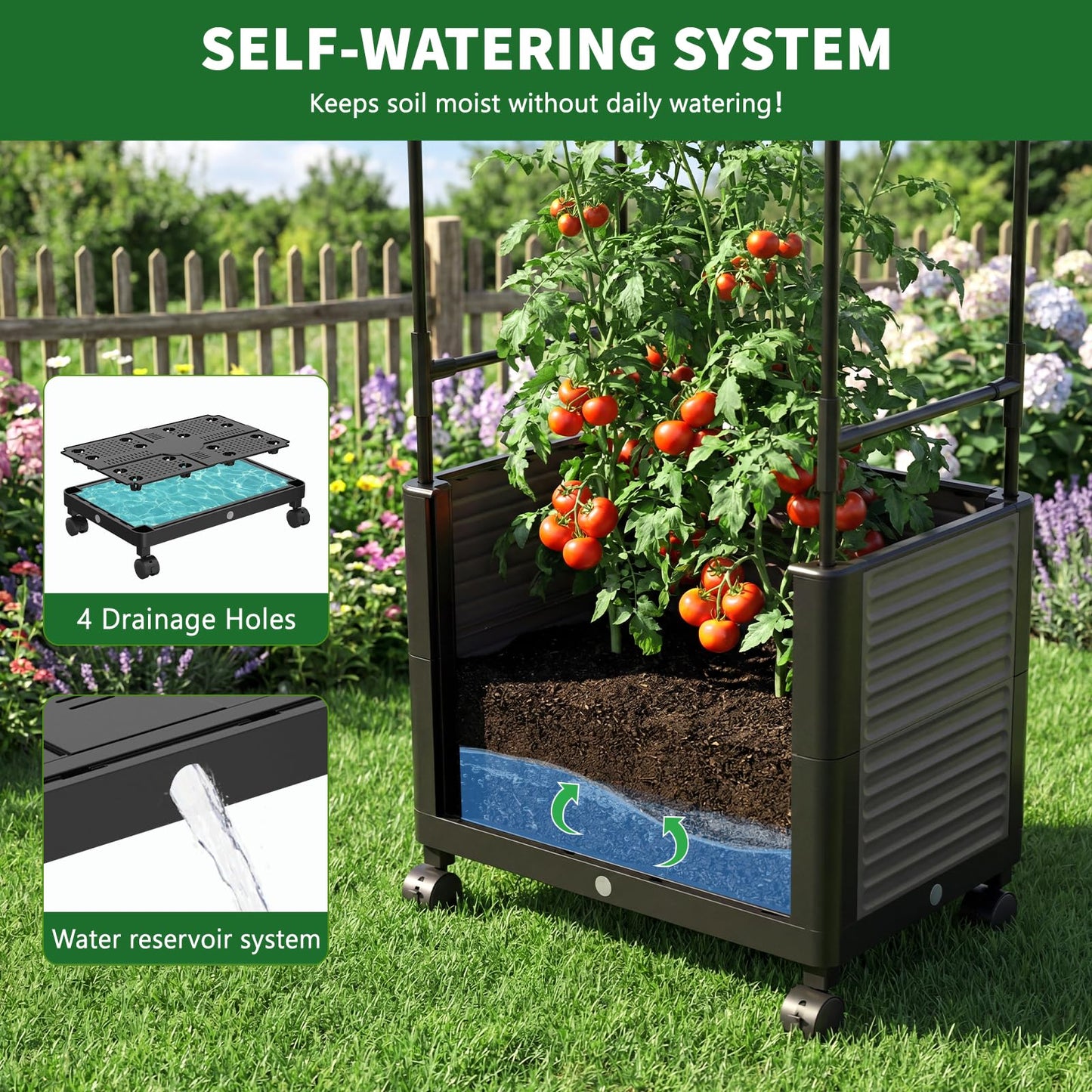 UrGROWA Raised Garden Bed Planter Box with Trellis, 61''H Tomato Planters for Climbing Plants Vegetable Vine Flowers Outdoor Patio Tomato Cage, Self Watering Planter with Wheels