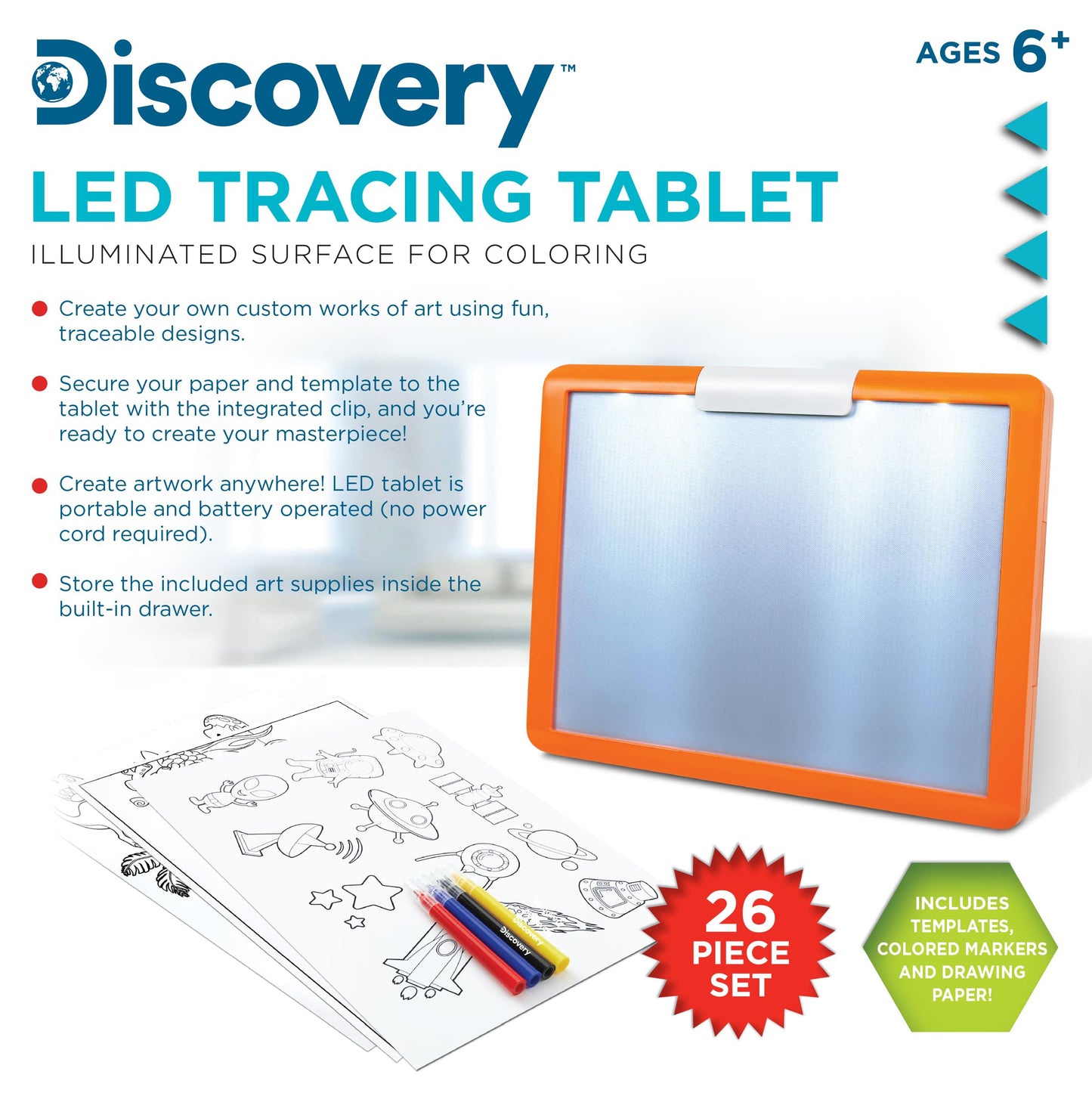 Discovery LED Tracing Tablet, 26-Piece Set with Washable Markers, Tracing & Template Sheets, Battery Powered Doodle Activity Lightboard, Kids Drawing & Sketching Portable Travel Art Set, Toy Gift