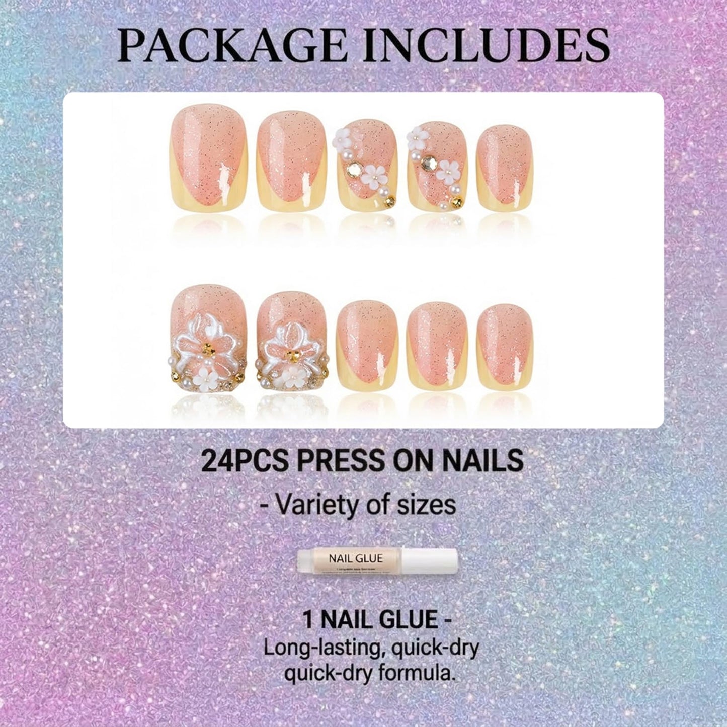 IMSOHOT Short Square Press on Nails - 24Pcs Glossy French Tip Fake Nails with 3D Flower and Rhinestone Accents, Pink Spring Design