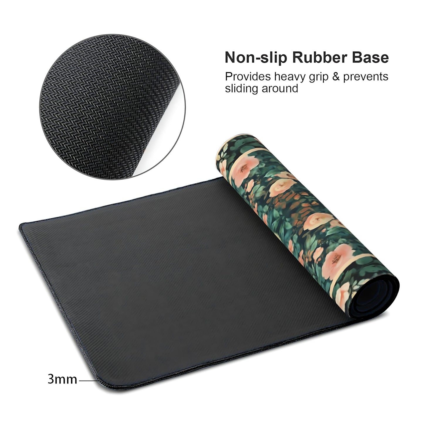 Floral Aesthetic Rose Gaming Mouse Pad, Forest Green Rug Desk Mat with Anti-Slip Base & Stitched Edges,35.4" x 15.7" in Table Mat for Computer Desktop, Beautiful Workstation Decor