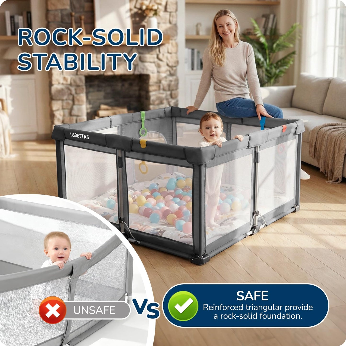 usbettas Foldable Baby Playpen, 1-Minute Setup, Lightweight Portable Playpen with Carry Bag, 50"x50" Indoor Outdoor Safty Play Yard for Babies & Toddlers, Dark Gray