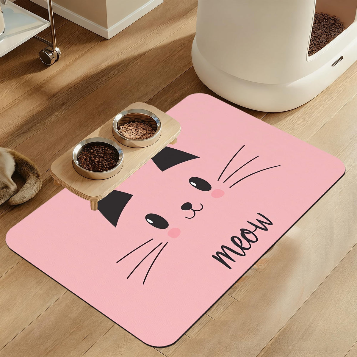 Pink Cat Dog Food Mat–Absorbent Quick Dry Feeding Placemat for Food and Water Bowls, Non Slip Rubber Backing, Waterproof Pet Supplies for Mess-Free Eating 12"x20"