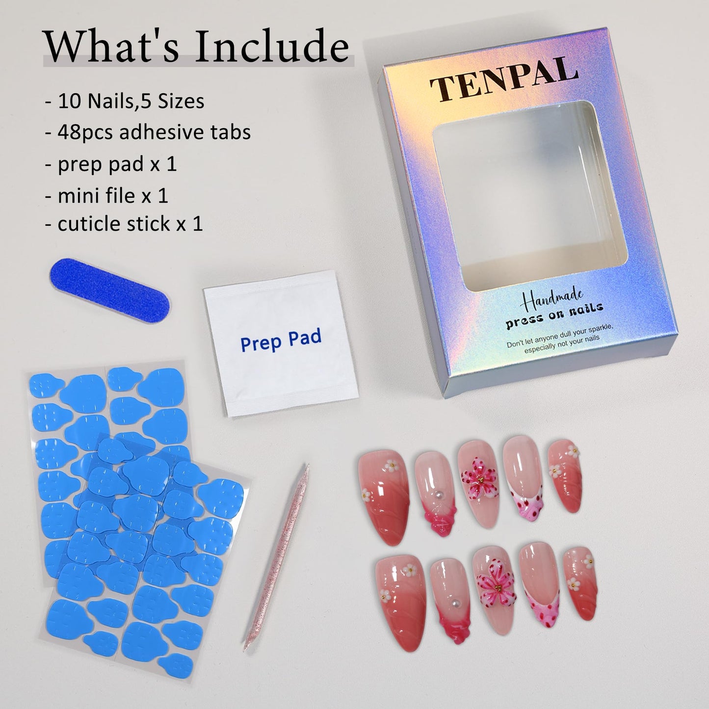 TENPAL Almond Press on Nails - Pink French Ombre & 3D Texture with Polka Dot & Wave Carving, Reusable & Handmade False Nails for Spring Summer | Sweet Watercolor Style(L）