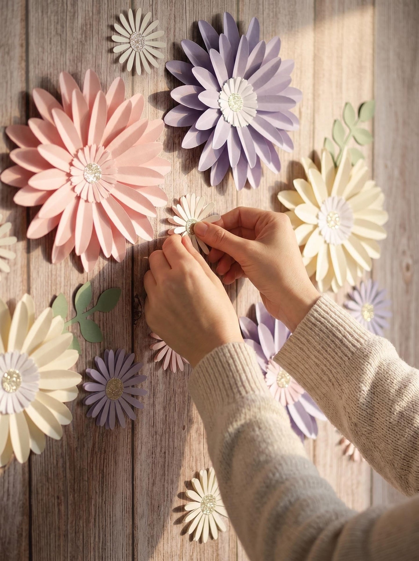 34pcs 3D Paper Flowers Wall Decor Set - Neutral Daisy with Green Leaves, Boho Cream White Peach Backdrop for Nursery, Baby Shower, Home Warming & Classroom Decor (Lilac & Blush)