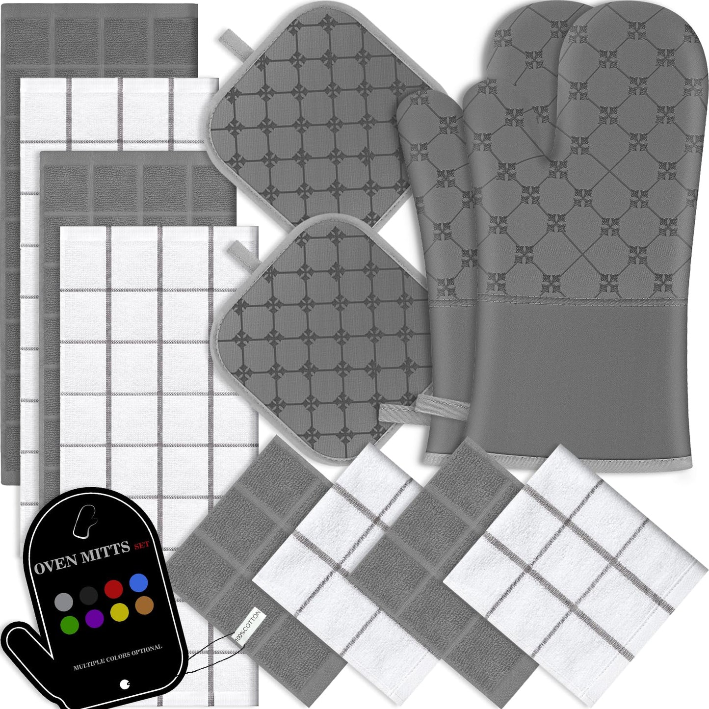 Oven Mitts Kitchen Towels Dishcloths with Pot Holders Sets 12PCS, Dish Towels Sets, Oven Gloves Pot Pads Heat Resistant 500 Degrees with Non-Slip Silicone Surface for Cooking Baking Grilling-Grey