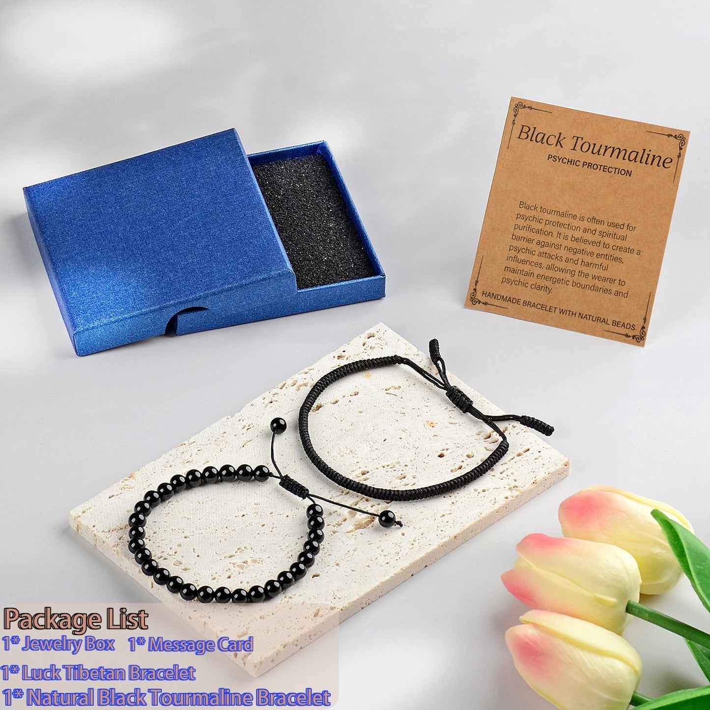 LPBeads 6mm Black Tourmaline Bracelet with Handmade Rope Bracelet Size Adjustable Natural Stone Crystal Healing Bracelets Gifts for Unisex Adults