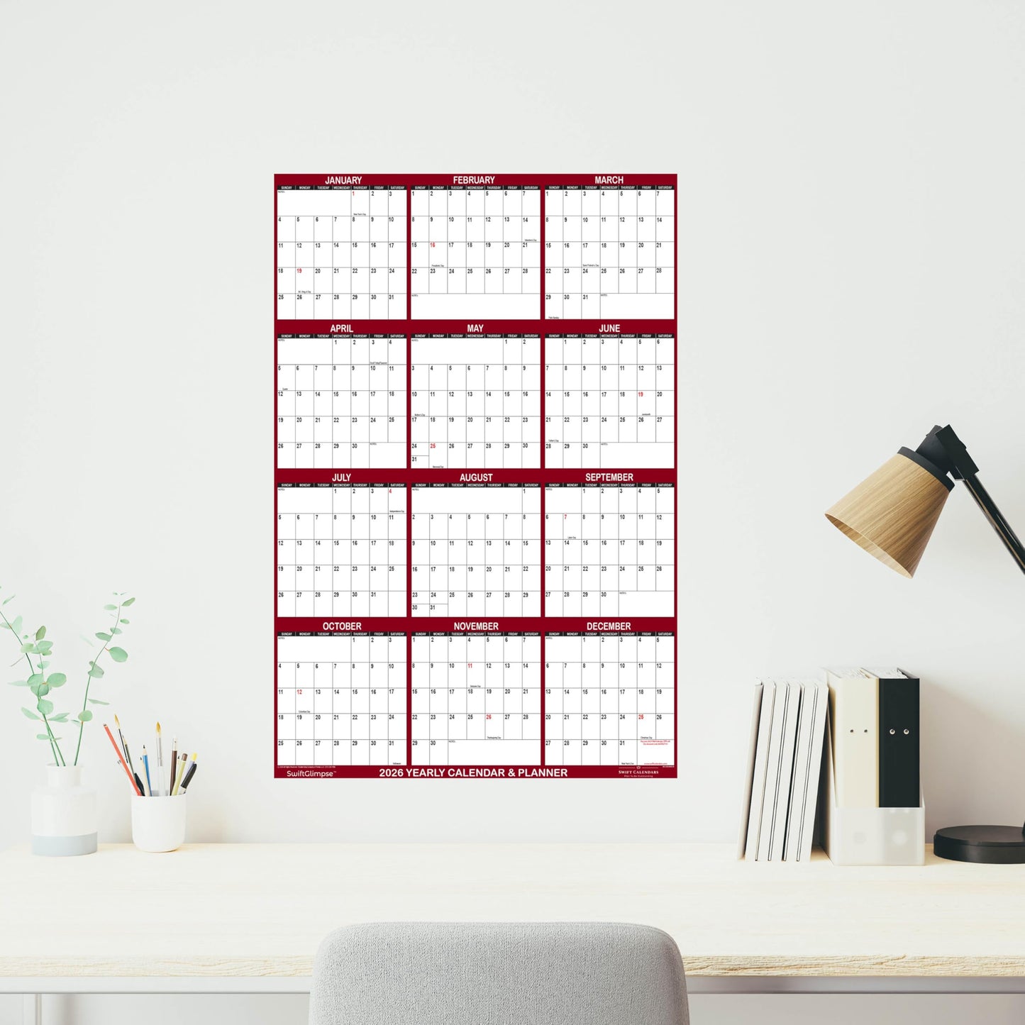 24" x 36" SwiftGlimpse 2026 Wall Calendar Erasable Large Wet & Dry Erase Laminated 12 Month Annual Yearly Wall Planner, Reversible, Horizontal/Vertical, Maroon