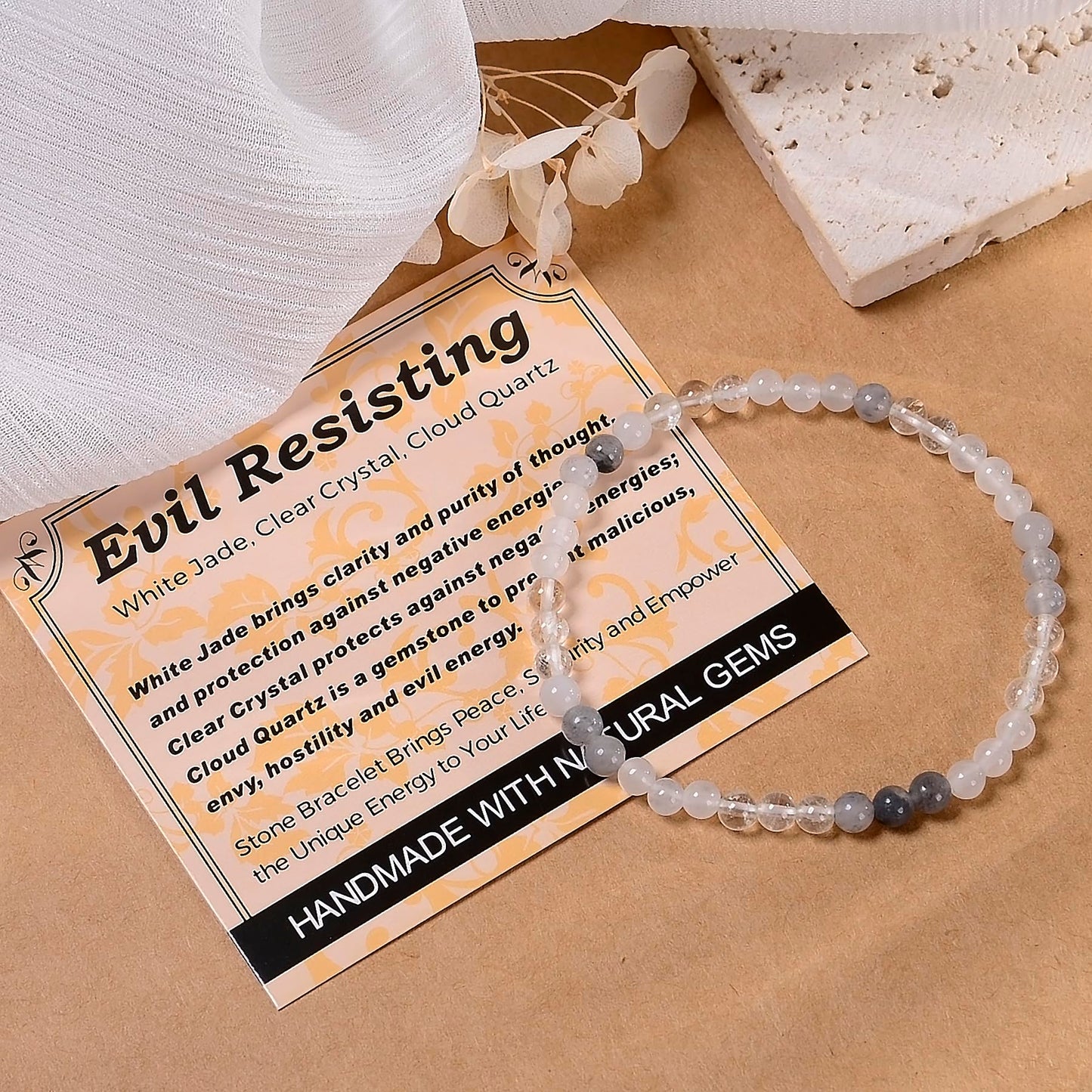 MASSIVE BEADS White Jade Clear Crystal Cloud Quartz - Evil Resisting Handmade Handmade Yoga Stretch Elastic Bracelet Natural Stone Crystal Healing Power Energy Gifts for Unisex Adult 4mm