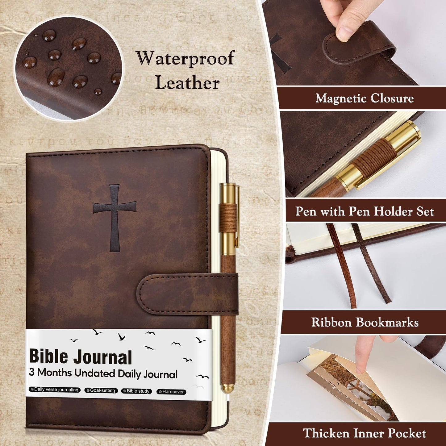 Leather Christian Bible Journal for Men, Prayer Journal for Scripture Study & Daily Devotional, Undated Church Notes Notebook, Jesus Religious Faith Gifts for Pastor, Graduation, Brown