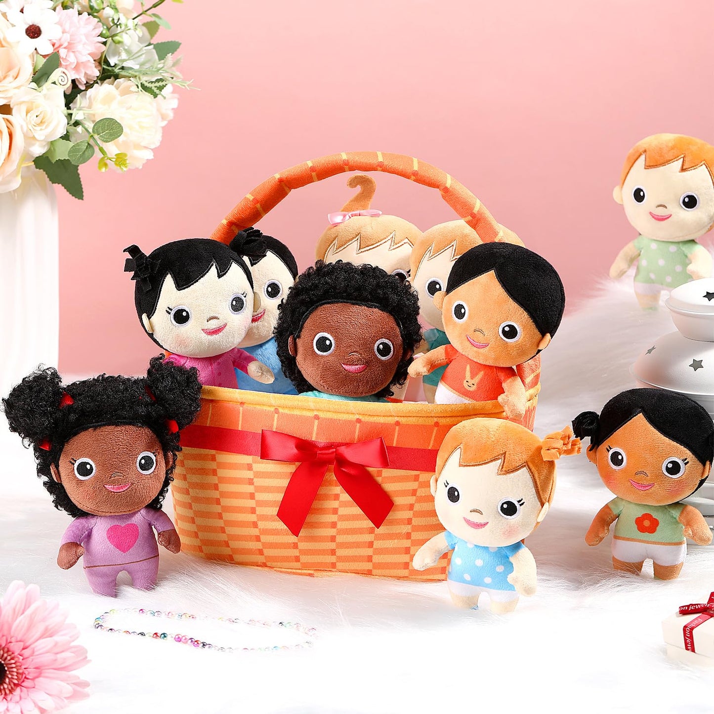 HyDren 10 Pcs Multicultural Plush Dolls with Basket, Diverse Soft Stuffed Dolls for Kids, Inclusive Toys for Preschool Classroom Daycare, Cultural Awareness Gift Set for Boys Girls