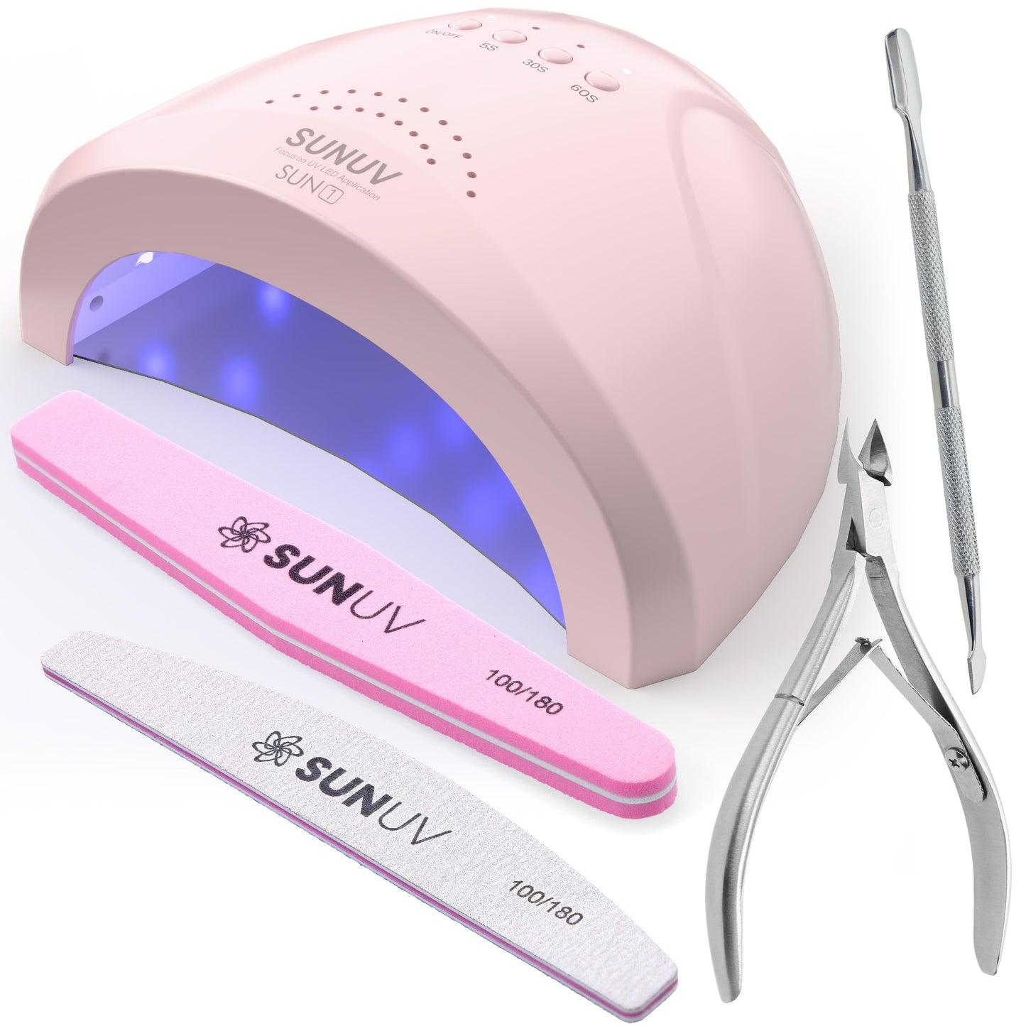 SUNUV UV Nail Lamp, 4PCS Cuticle Nippers, Cuticle Pusher with Nail File and Buffer Set, 48W Professional LED UV Light for Gel Nails SUNone Pink