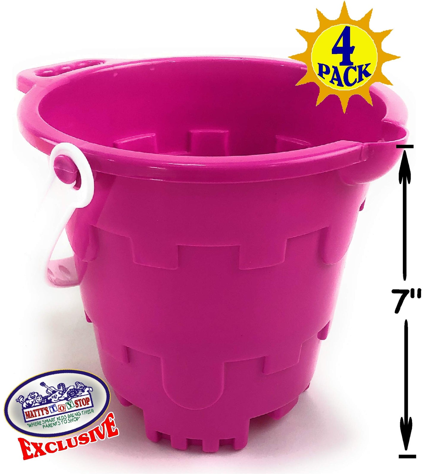 Matty's Toy Stop Beach Gear 7" Plastic Castle Mold Sand Buckets (Pails) with Easy Pour Spout and Handle Blue, Pink, Green & Yellow Party Set Bundle - 4 Pack