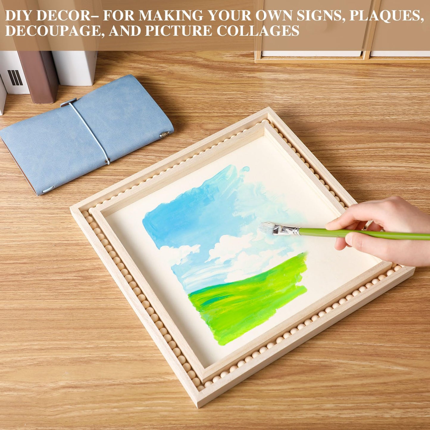 Wenqik 4 Pack Beaded Wood Canvas Panels Unfinished Wooden Blank Framed Signs Boho Style Panel Boards Square Plaques for DIY Crafts Painting Pouring Drawing Art Projects(8 x 8 Inch)