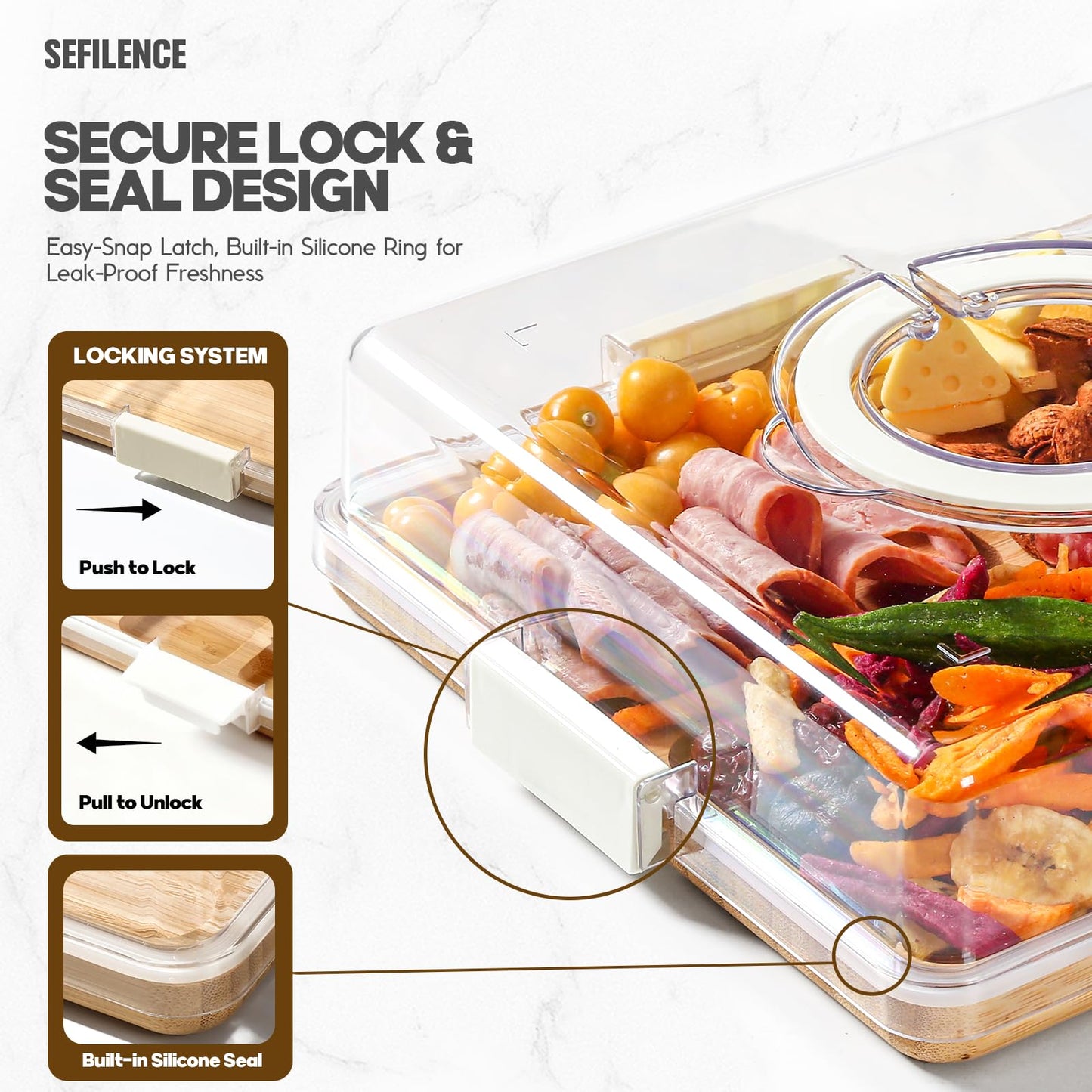 Charcuterie Board with Clear Locking Lid and Handle, 6 Compartment Bamboo Cheese Board Snackle Box, Portable Cutting Board for Snacks, Fruits&Meats, Ideal Gift for Parties, Birthday& House Warming