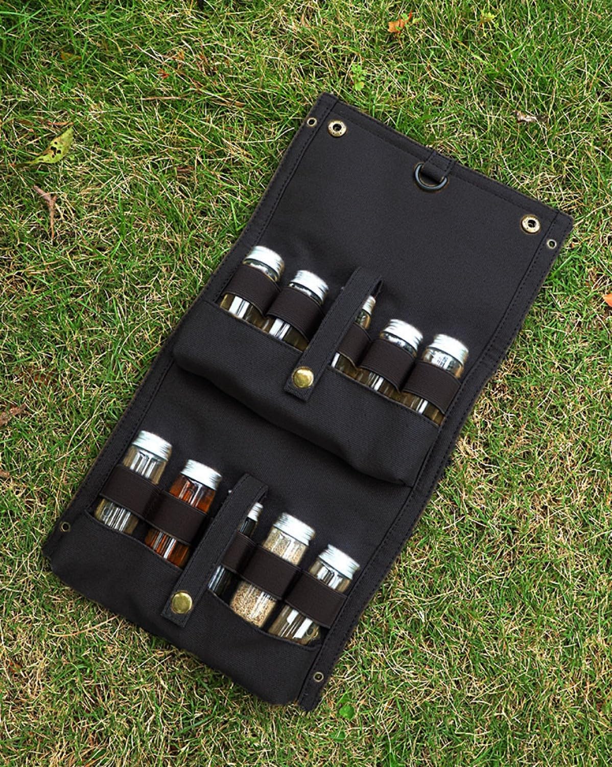 Travel Spice Kit, Portable Spice Bag with 10 Spice Jars, Canvas Seasoning Storage Bag Organizer, Seasoning Bottle Holder with Mini Condiment Bottle, Condiment Container Set for Camping BBQ(Black)
