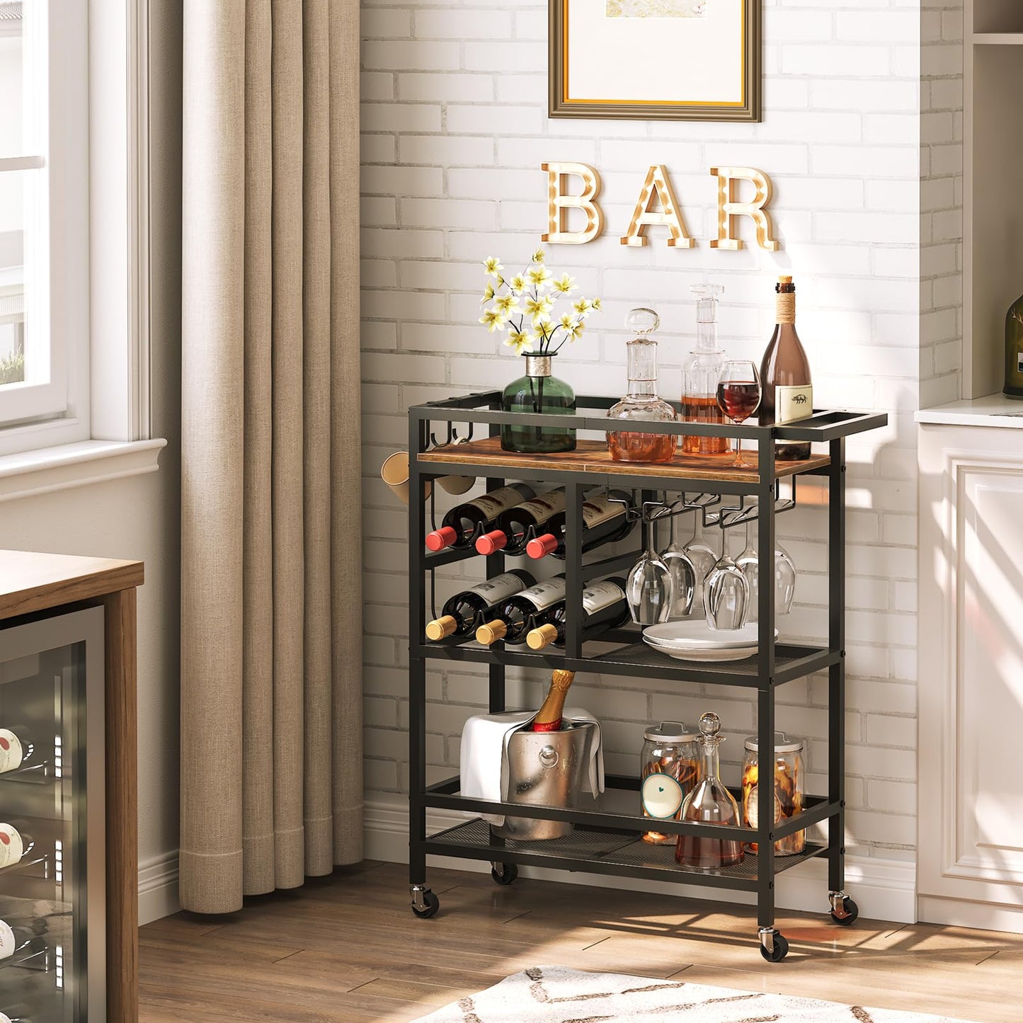 MAHANCRIS Bar Cart for Home and Bakers Rack with Drawer Bundle, Microwave Stand with Power Outlet, RCHR6101-BRBK48E01