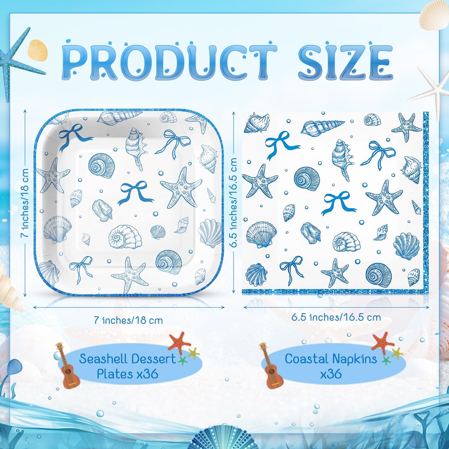 Zhehao 72 Pcs Coastal Seashell Plates and Napkins Set Serve 36, 7" Ocean Beach Party Supplies Disposable Blue Bow Starfish Seashell Beach Bachelorette Under The Sea Dinnerware Decoration