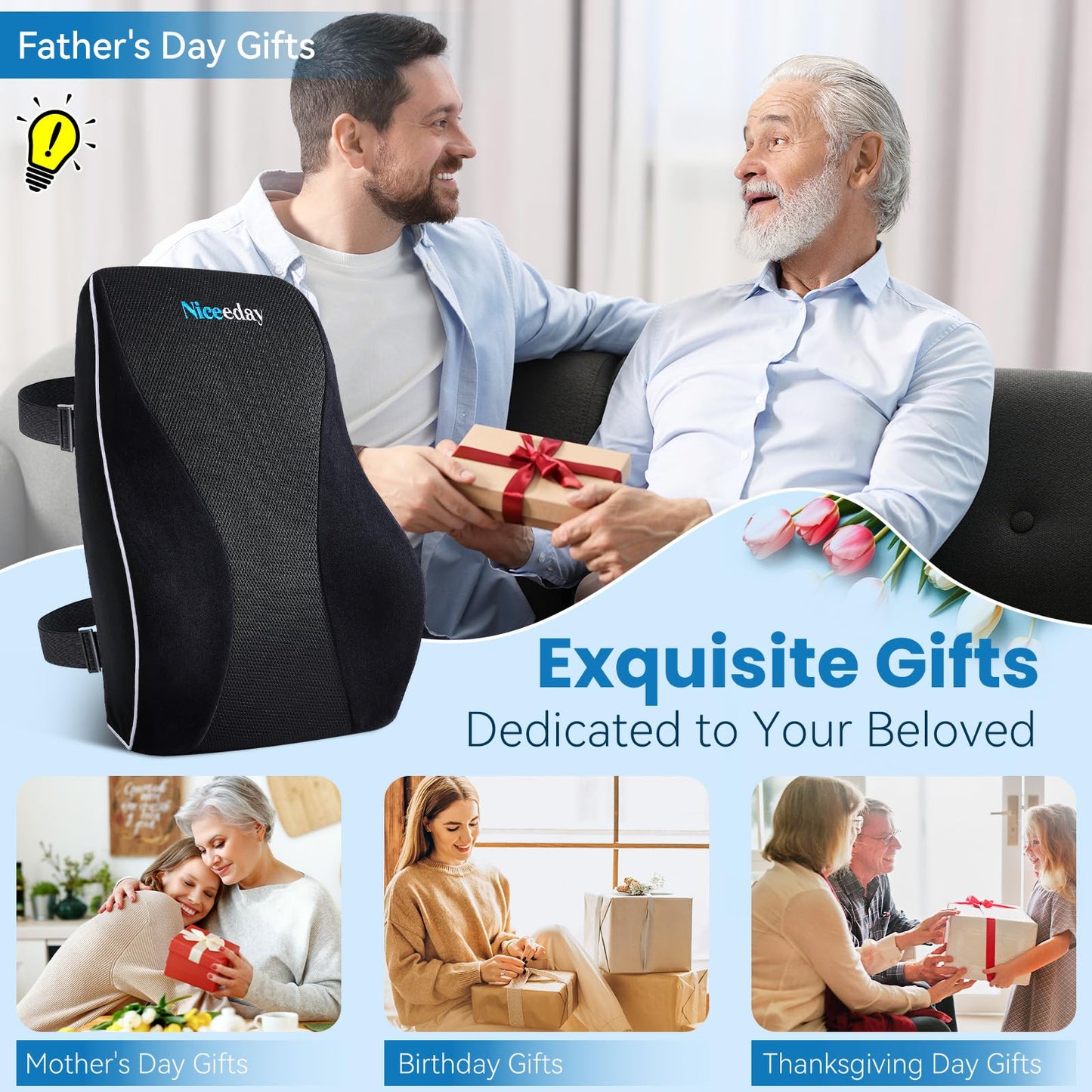 Lumbar Support Pillow for Office Chair Car, Gaming Chair Lower Back Pain Relief Memory Foam Cushion with Greeting Card,3D Mesh Cover Ergonomic Back Rest, Birthday Gift for Dad,Stocking Stuffers
