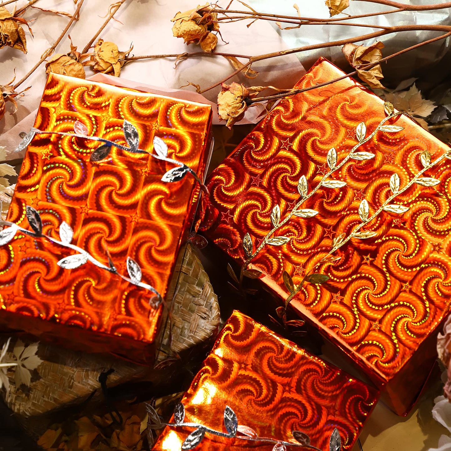 LeZakaa Fall Holographic Wrapping Paper Roll, Orange Gift Wrap with Swirl & Star Pattern Metallic Foil for Autumn, Thanksgiving, Birthday, Halloween, Wedding, Mini Roll 17 in x 32.8 ft