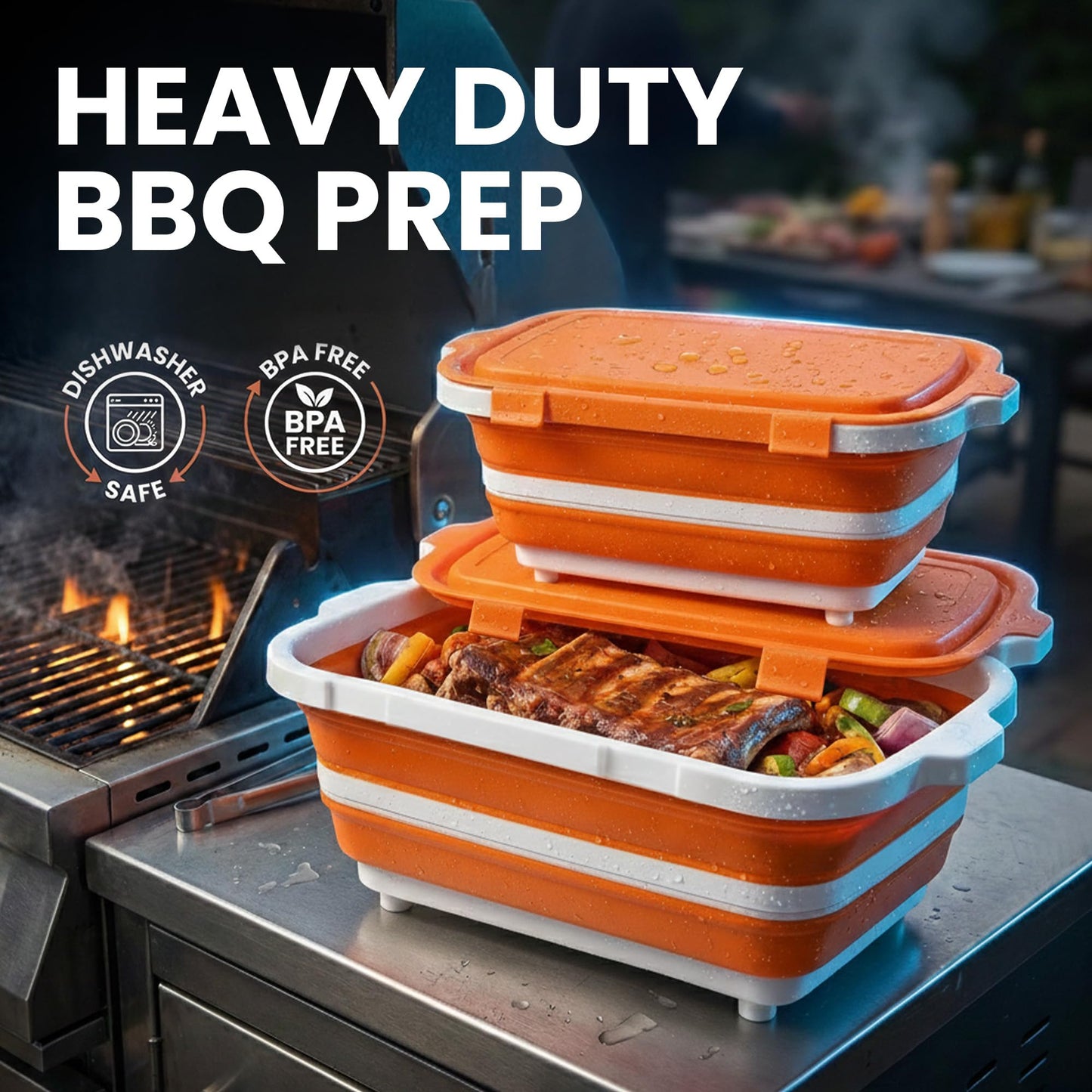 Havenity BBQ Prep Tub 2 Pack (8L+16L) - Multifunctional Collapsible Camping Cutting Board with Upgraded Locking Lid, Meal Prep Meat Storage Container Perfect for Grilling, Outdoor (Large + XL)