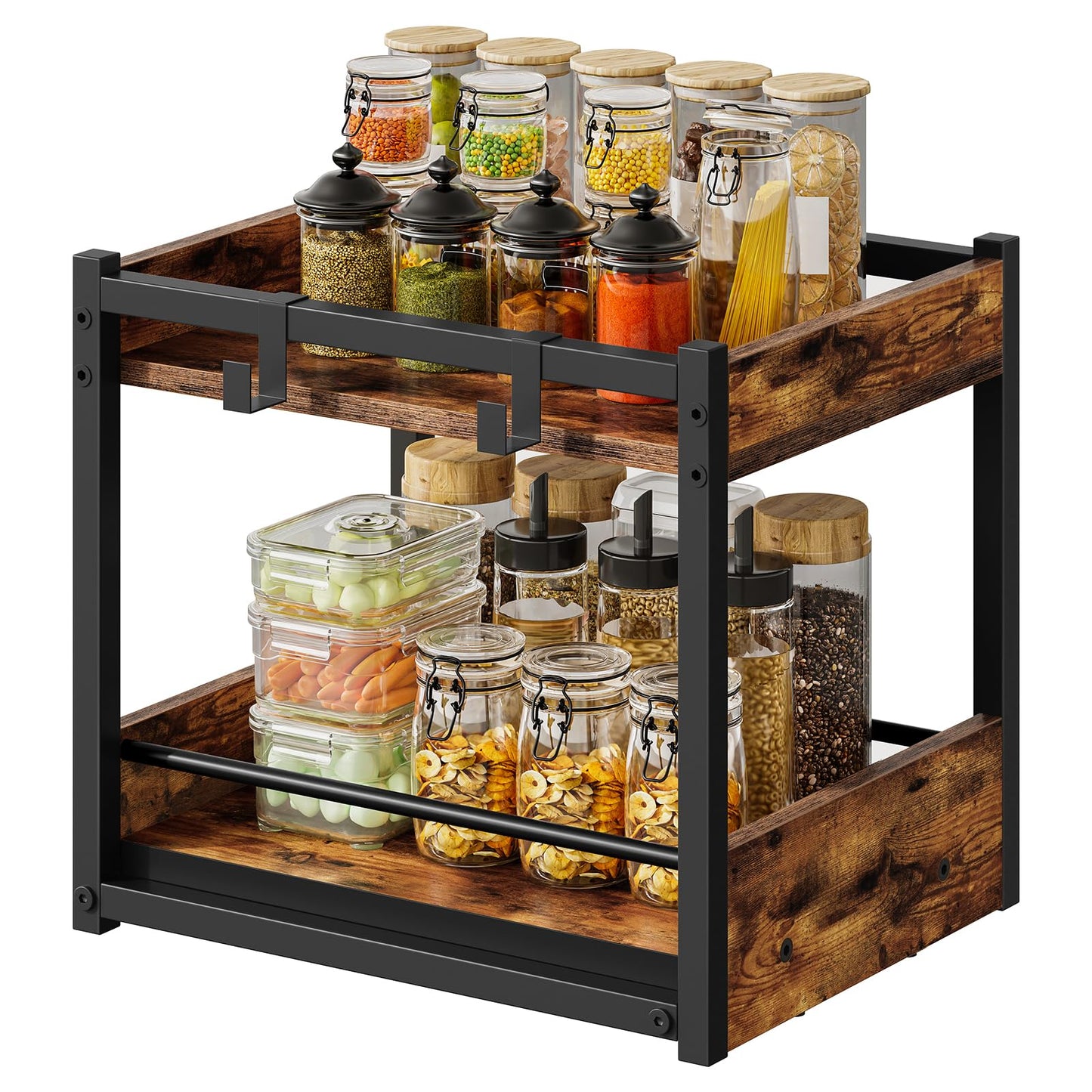 HOOBRO Kitchen Countertop Organizer, Corner Shelf Organizer, 2-Tier Spice Rack with Pull-Out Shelf and Hooks, for Kitchen, Office, Study, Bedroom, Living Room, Rustic Brown and Black BF08TL01