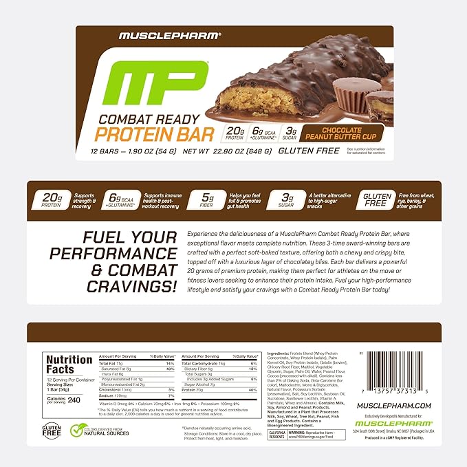 MusclePharm Combat Sport Bar, Chocolate Peanut Butter Cup, High Protein Bars, Combat Cravings, Fuel Performance & Meet Energy Demands, 20g Protein from Whey Protein, 5g Fiber, Gluten Free, 12 Bars