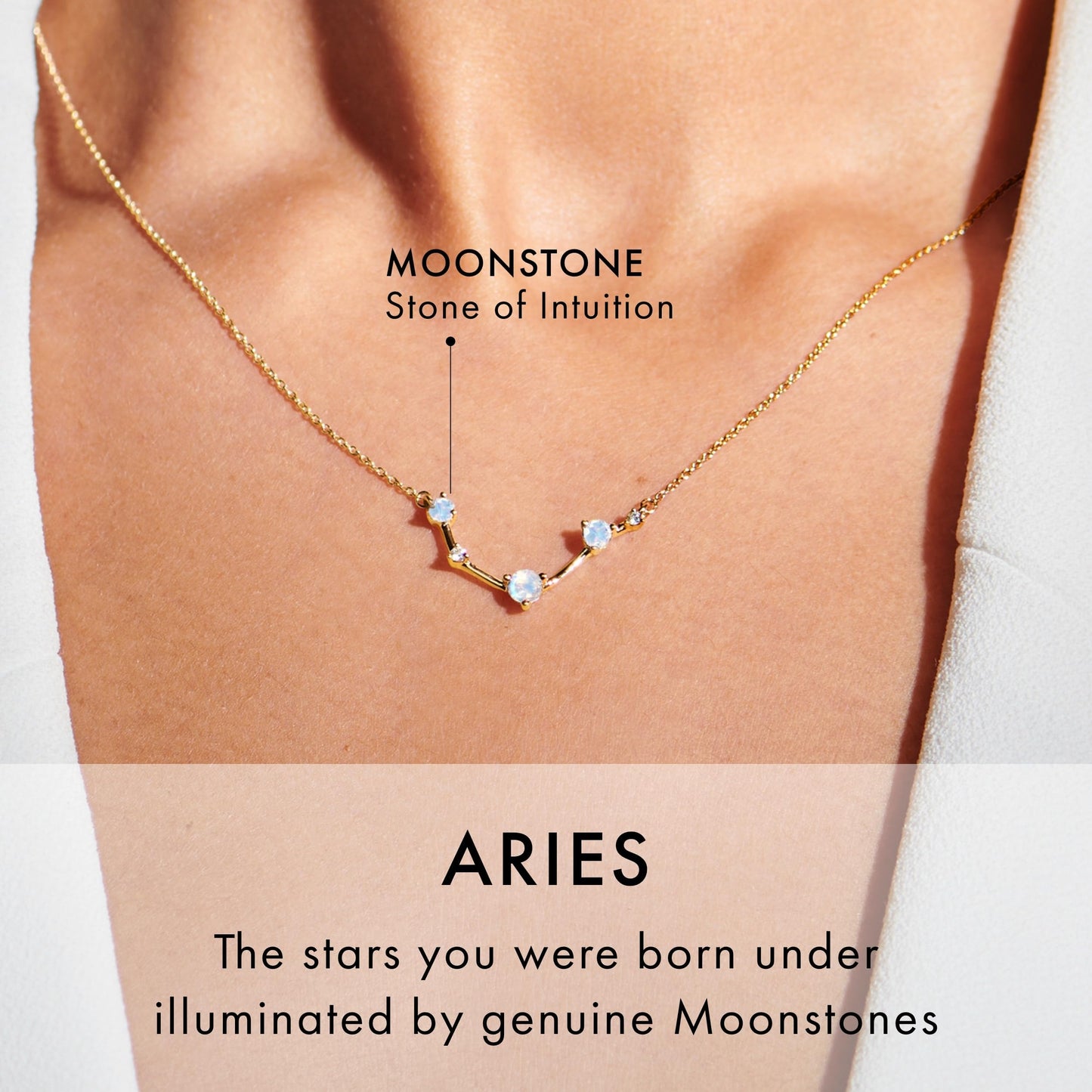 Moon Magic Moonstone Necklace - Aries Zodiac Constellation / 925 Sterling Silver - 18k Rose Gold - Yellow Gold Rainbow Moonstone Necklaces for Women/Authentic Rainbow Crystal Jewelry